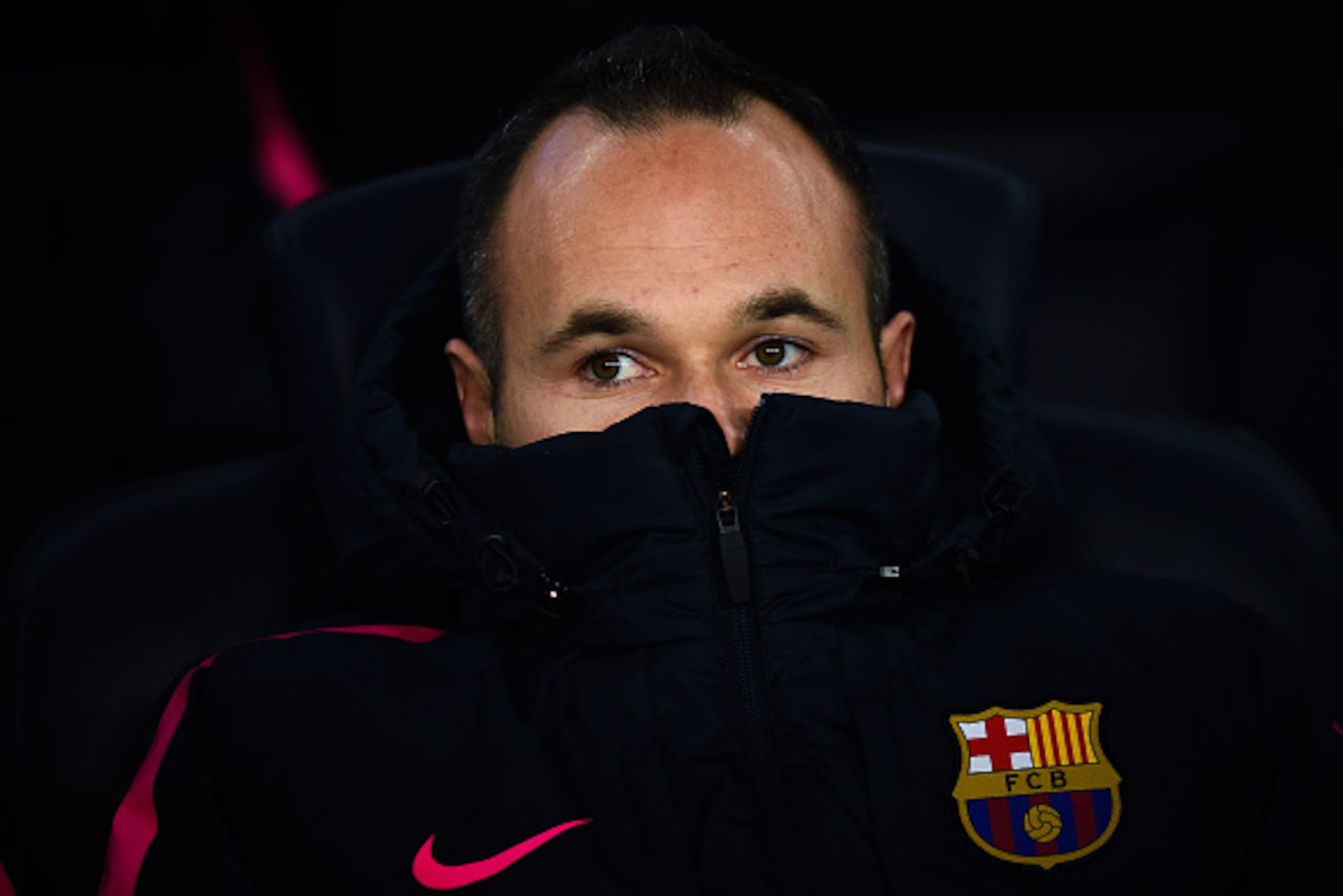 BARCELONA, SPAIN - JANUARY 08: Andres Iniesta of FC Barcelona looks on from the bench during the Copa del Rey  Round of 16 First Leg match between FC Barcelona and Elche CF at Camp Nou on January 8, 2015 in Barcelona, Spain.  (Photo by David Ramos/Getty I