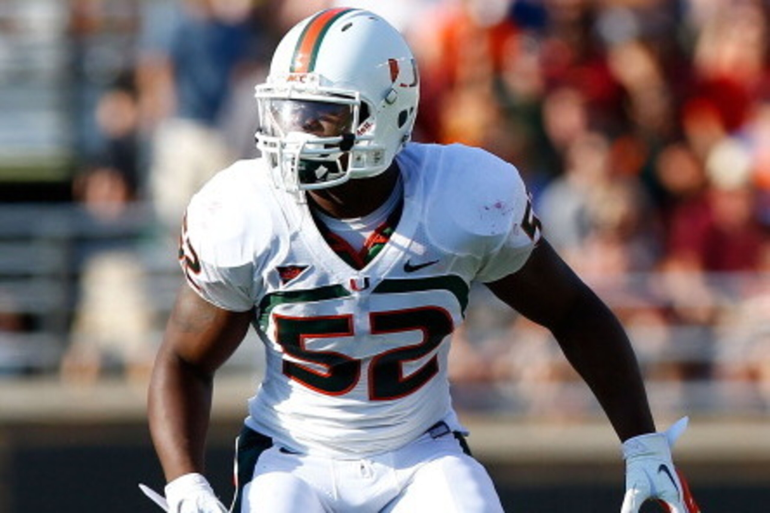 CHESTNUT HILL, MA - SEPTEMBER 01:  Denzel Perryman #52 of the Miami Hurricanes in action against the Boston College Eagles during the game on September 1, 2012 at Alumni Stadium in Chestnut Hill, Massachusetts.  (Photo by Jared Wickerham/Getty Images)