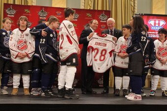 OTTAWA, ON - JANUARY 28:  NHL Commissioner Gary Bettman presents Governor General of Canada David Johnston a jersey during the 2012 NHL All-Star Game - H.E.R.O.S. Community Program Launch at Rideau Hall on January 28, 2012 in Ottawa, Ontario, Canada.  (Ph