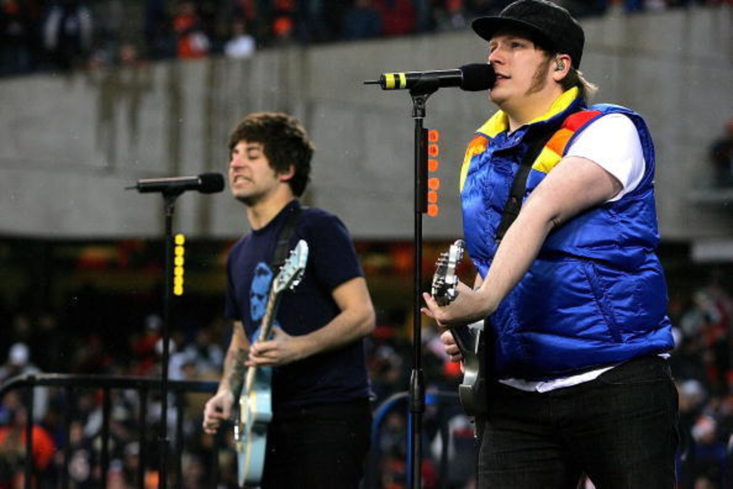 CHICAGO - JANUARY 21:  Joe Trohman and Patrick Stump of Fall Out Boy perform during the half-time show during the NFC Championship game between the New Orleans Saints against the Chicago Bears on January 21, 2007 at Soldier Field in Chicago, Illinois.  (P
