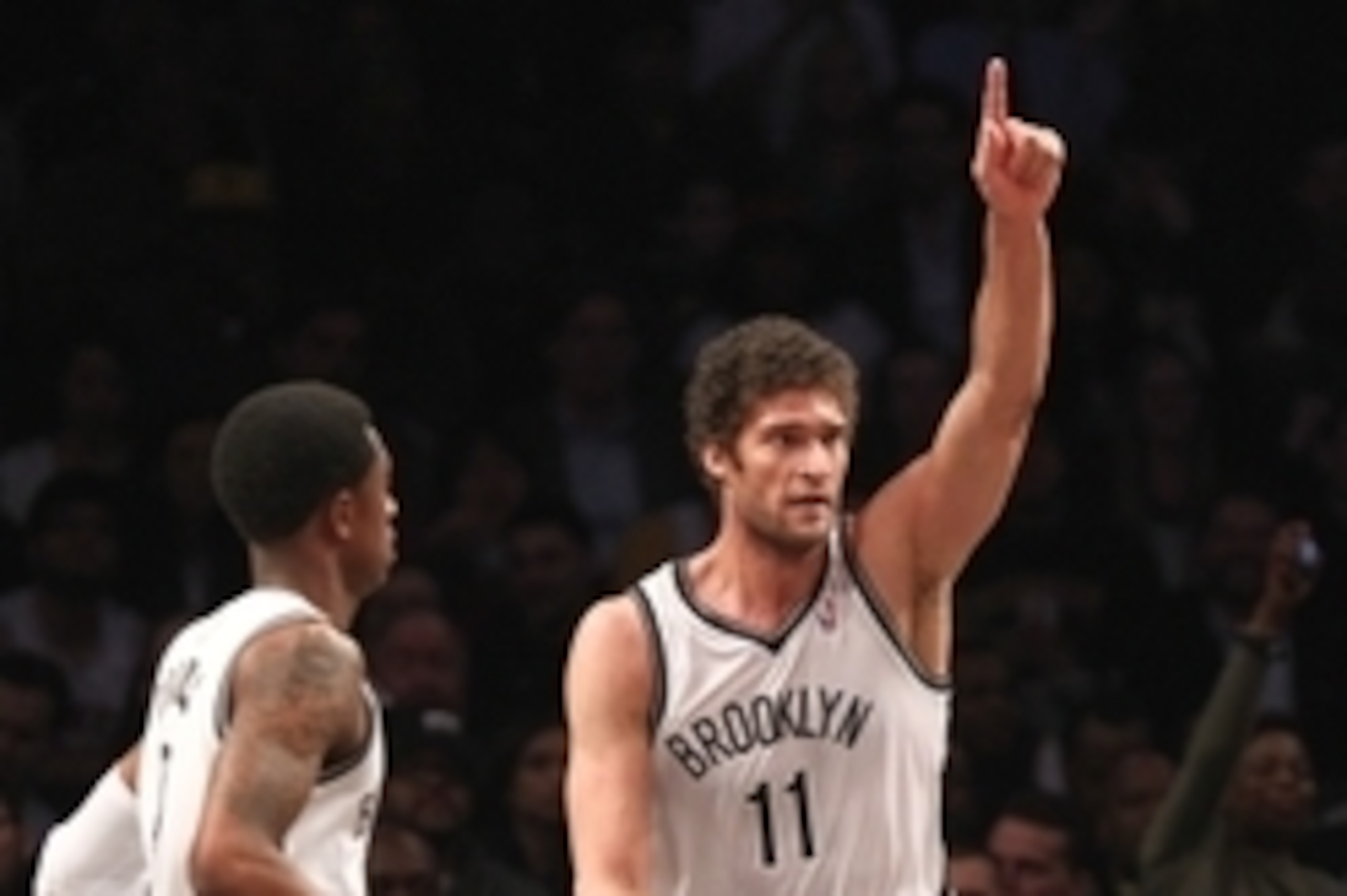 Feb. 5, 2013; Brooklyn, NY, USA; Brooklyn Nets center Brook Lopez (11) reacts after a basket against the Los Angeles Lakers during the first half at Barclays Center. Lakers won 92-83. Mandatory Credit: Debby Wong-USA TODAY Sports