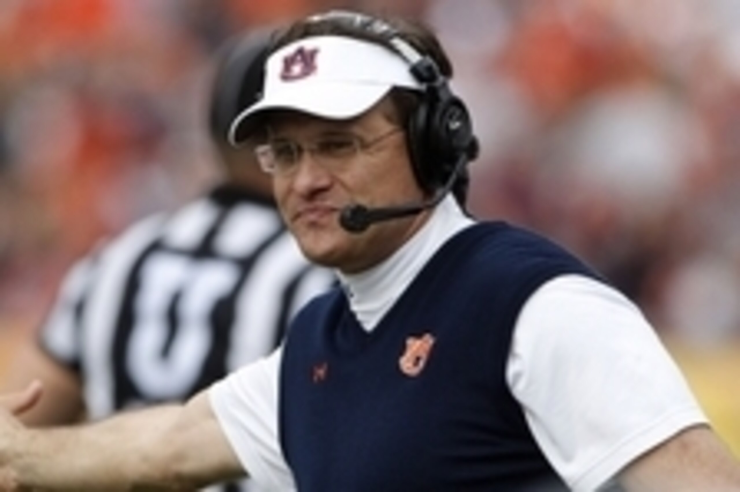Jan 1, 2015; Tampa, FL, USA; Auburn Tigers head coach Gus Malzahn reacts reacts during the game against the Wisconsin Badgers during the first half in the 2015 Outback Bowl at Raymond James Stadium. Mandatory Credit: Mark Zerof-USA TODAY Sports
