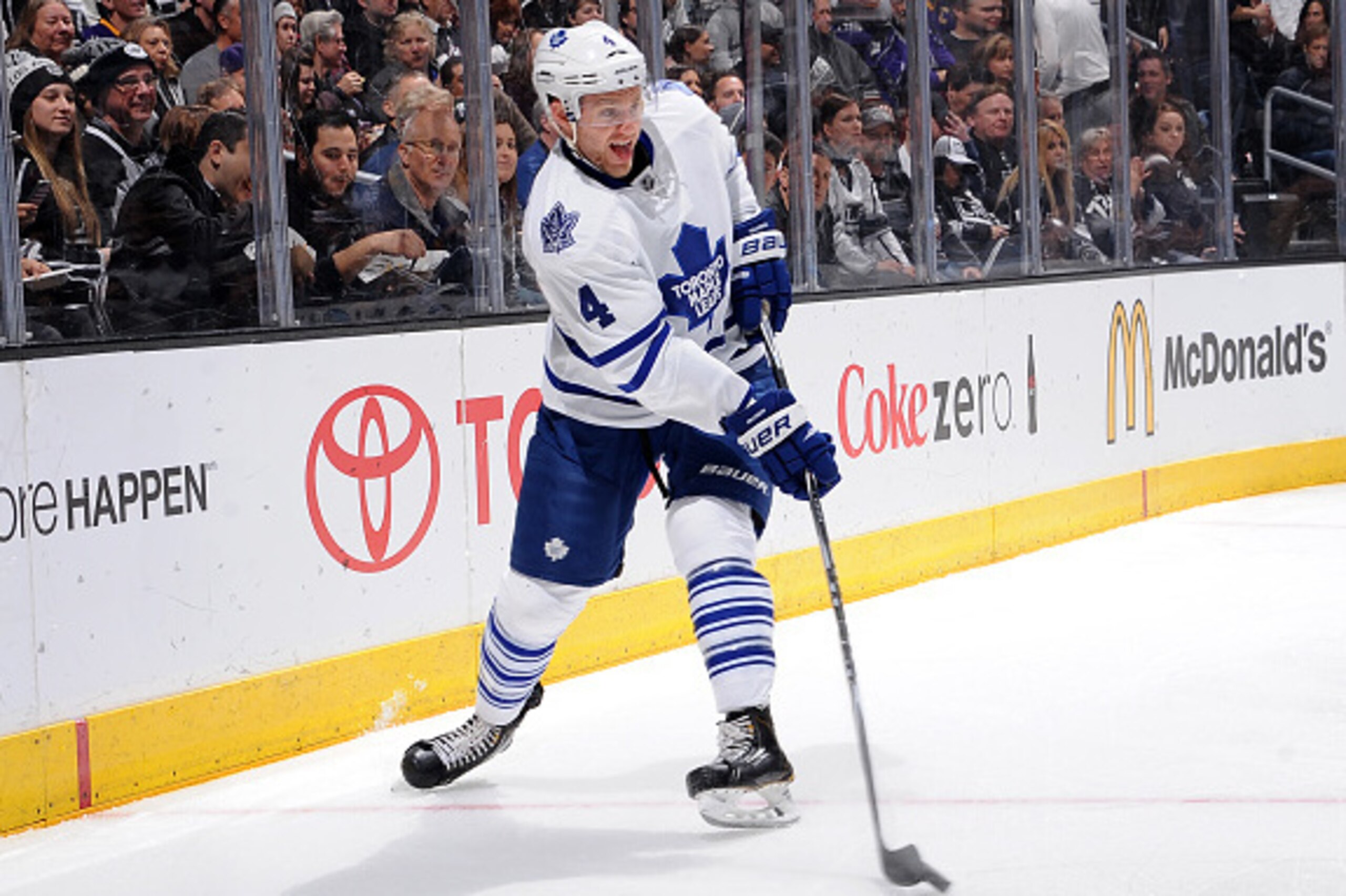 LOS ANGELES, CA - JANUARY 12: Cody Franson #4 of the Toronto Maple Leafs passes the puck during a game against the Los Angeles Kings at STAPLES Center on January 12, 2015 in Los Angeles, California. (Photo by Juan Ocampo/NHLI via Getty Images)