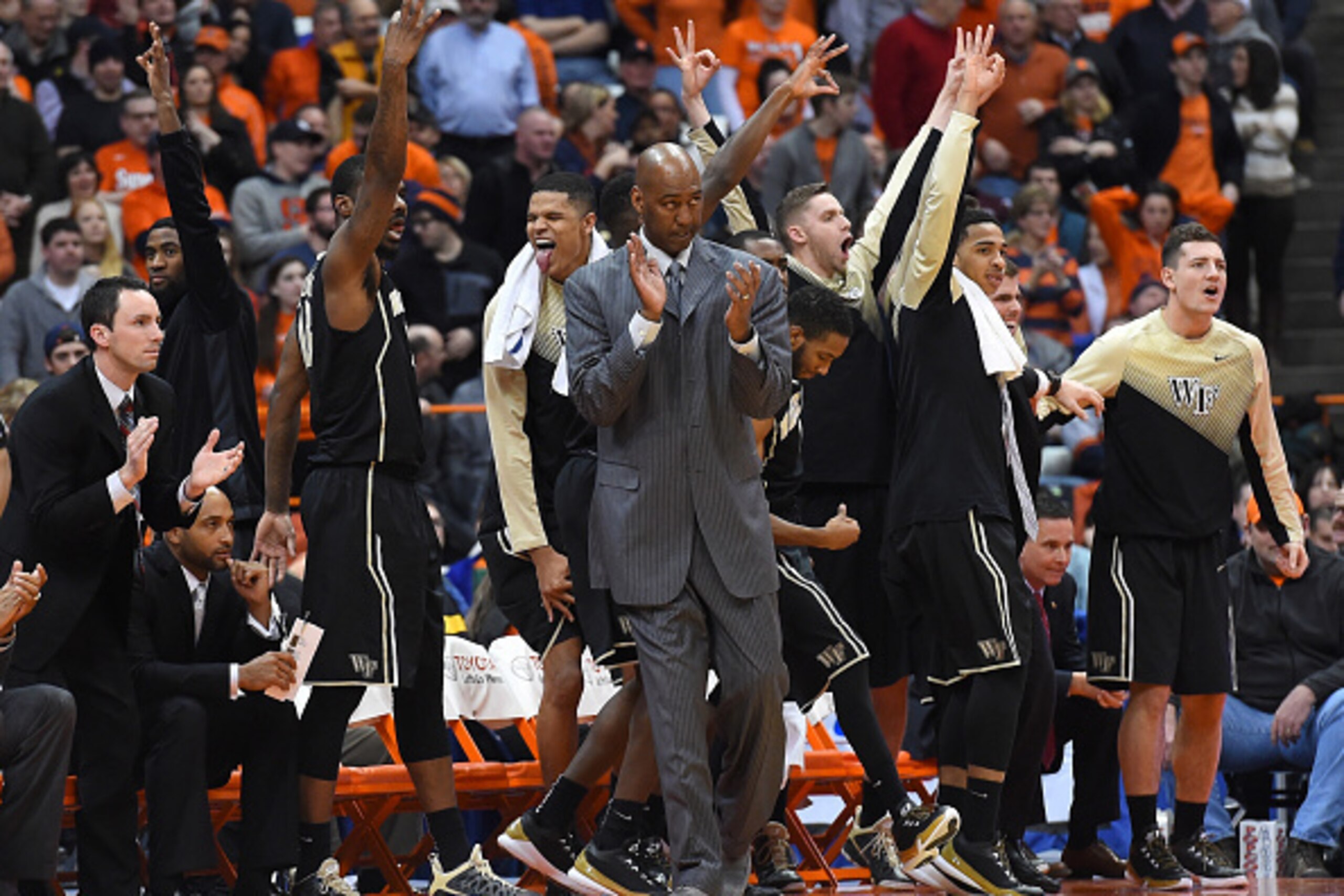 SYRACUSE, NY - JANUARY 13:  Head coach Danny Manning of the Wake Forest Demon Deacons reacts on the sidelines after a made basket against the Syracuse Orange during the second half at the Carrier Dome on January 13, 2015 in Syracuse, New York.  Syracuse d