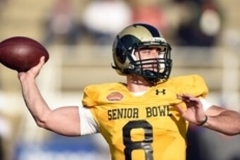Jan 20, 2015; Fairhope, AL, USA; South squad quarterback Garrett Grayson of Colorado State (8) passes during practice at Fairhope Stadium. Mandatory Credit: John David Mercer-USA TODAY Sports