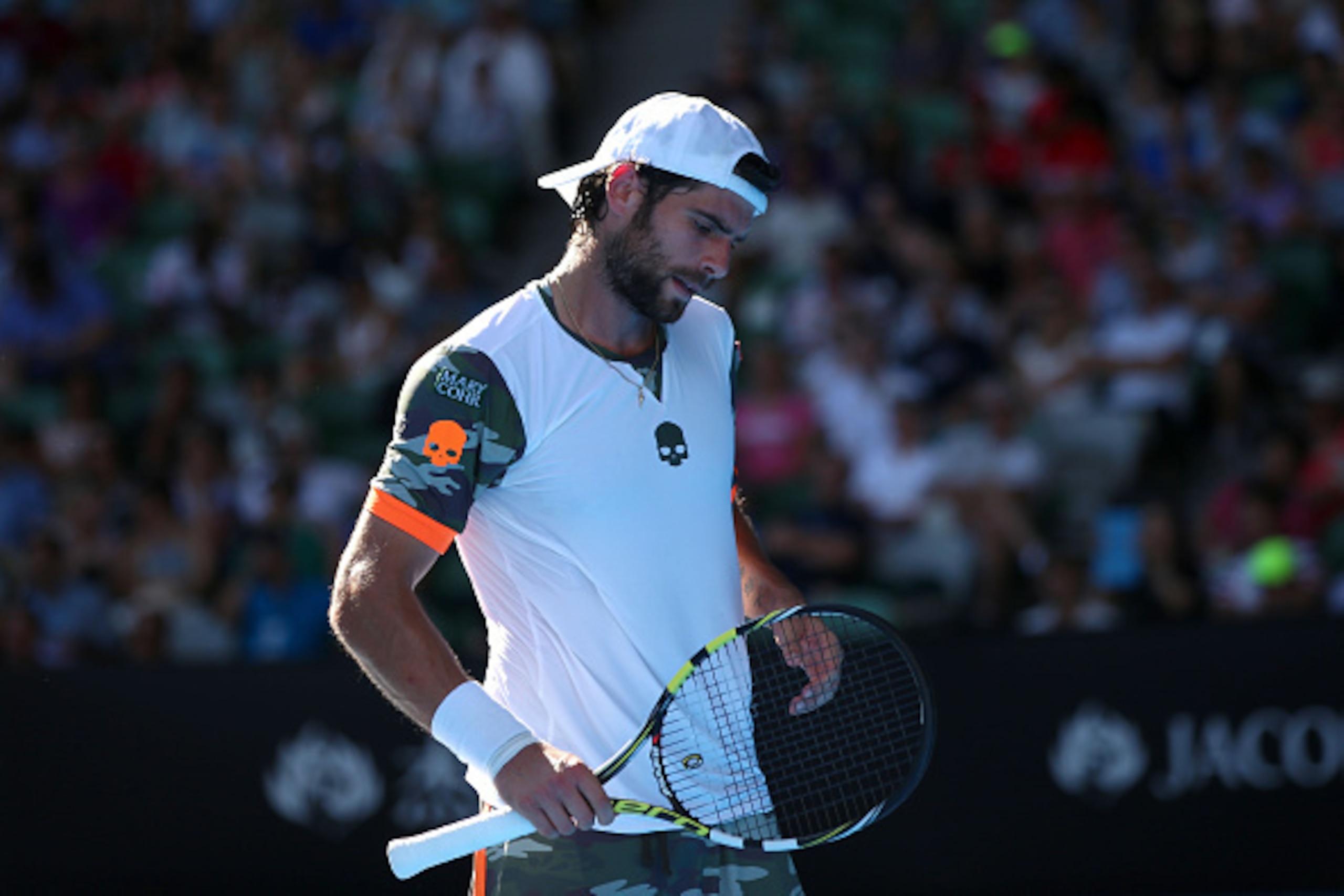 MELBOURNE, AUSTRALIA - JANUARY 21:  Simone Bolelli of Italy looks on in his second round match against Roger Federer of Switzerland during day three of the 2015 Australian Open at Melbourne Park on January 21, 2015 in Melbourne, Australia.  (Photo by Hann