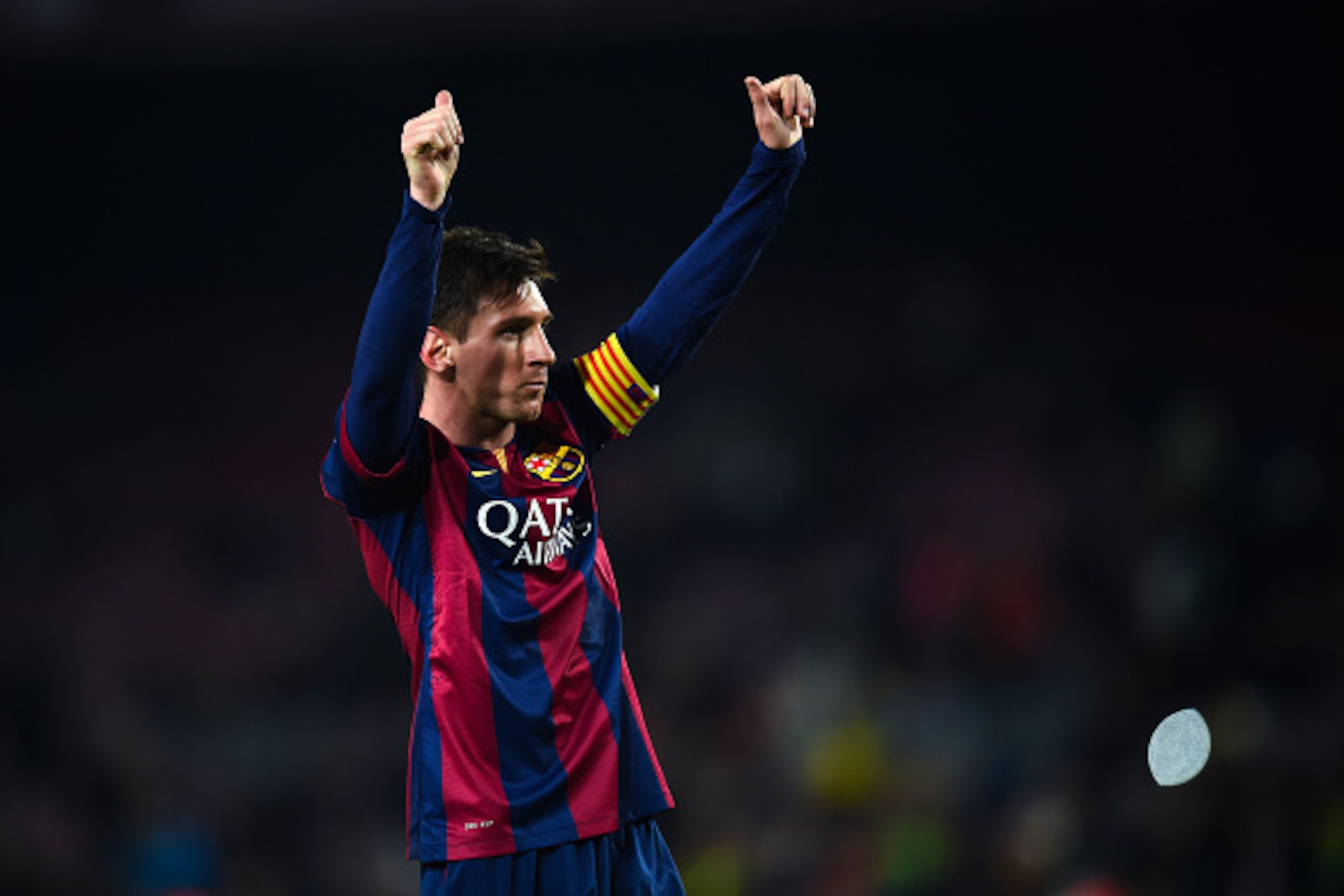 BARCELONA, SPAIN - JANUARY 08:  Lionel Messi of FC Barcelona celebrates after scoring his team's third goalduring the Copa del Rey Round of 16 First Leg match between FC Barcelona and Elche CF at Camp Nou on January 8, 2015 in Barcelona, Spain.  (Photo by