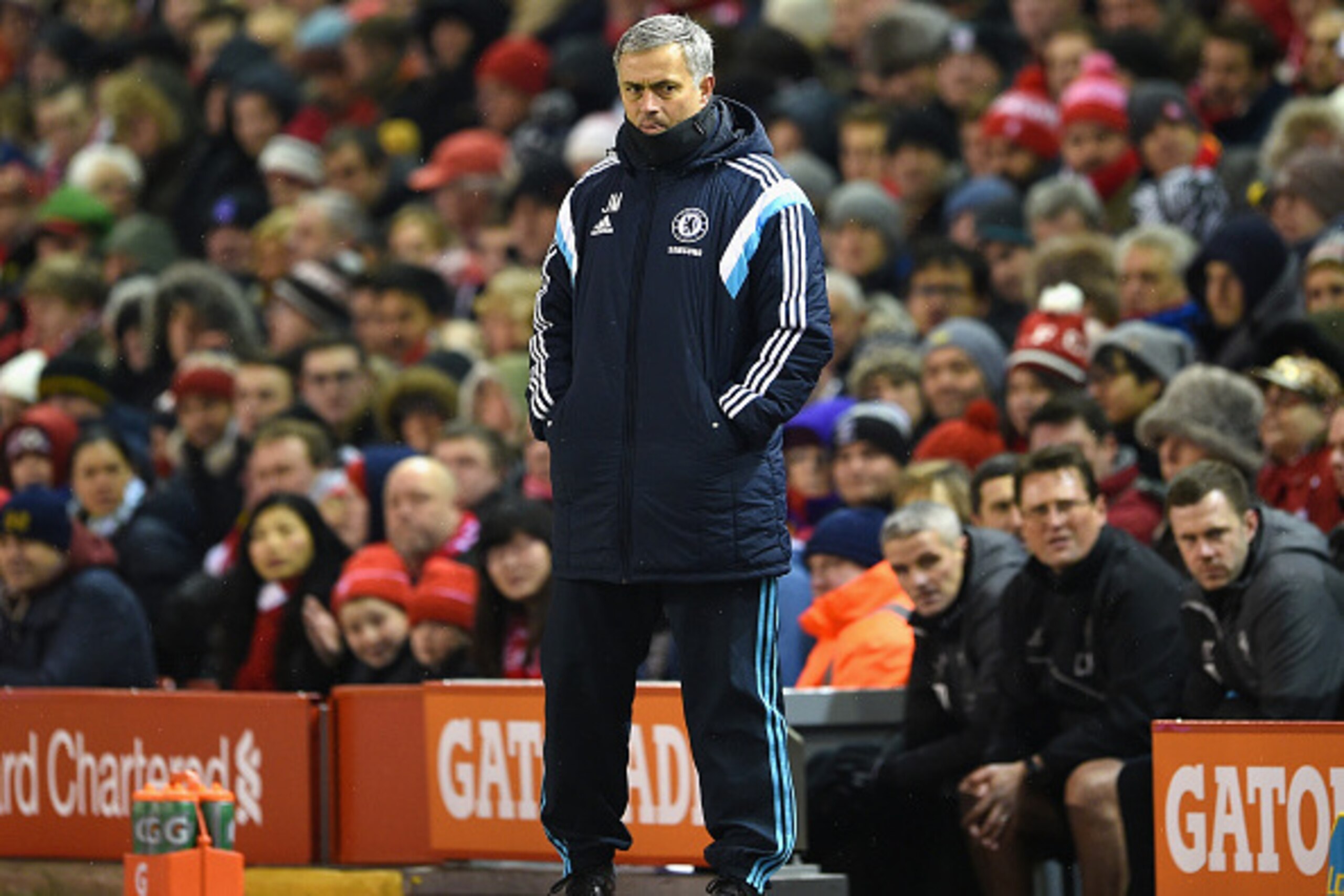 LIVERPOOL, ENGLAND - JANUARY 20:  Jose Mourinho manager of Chelsea looks on during the Capital One Cup Semi-Final first leg match between Liverpool and Chelsea at Anfield on January 20, 2015 in Liverpool, England.  (Photo by Michael Regan/Getty Images)