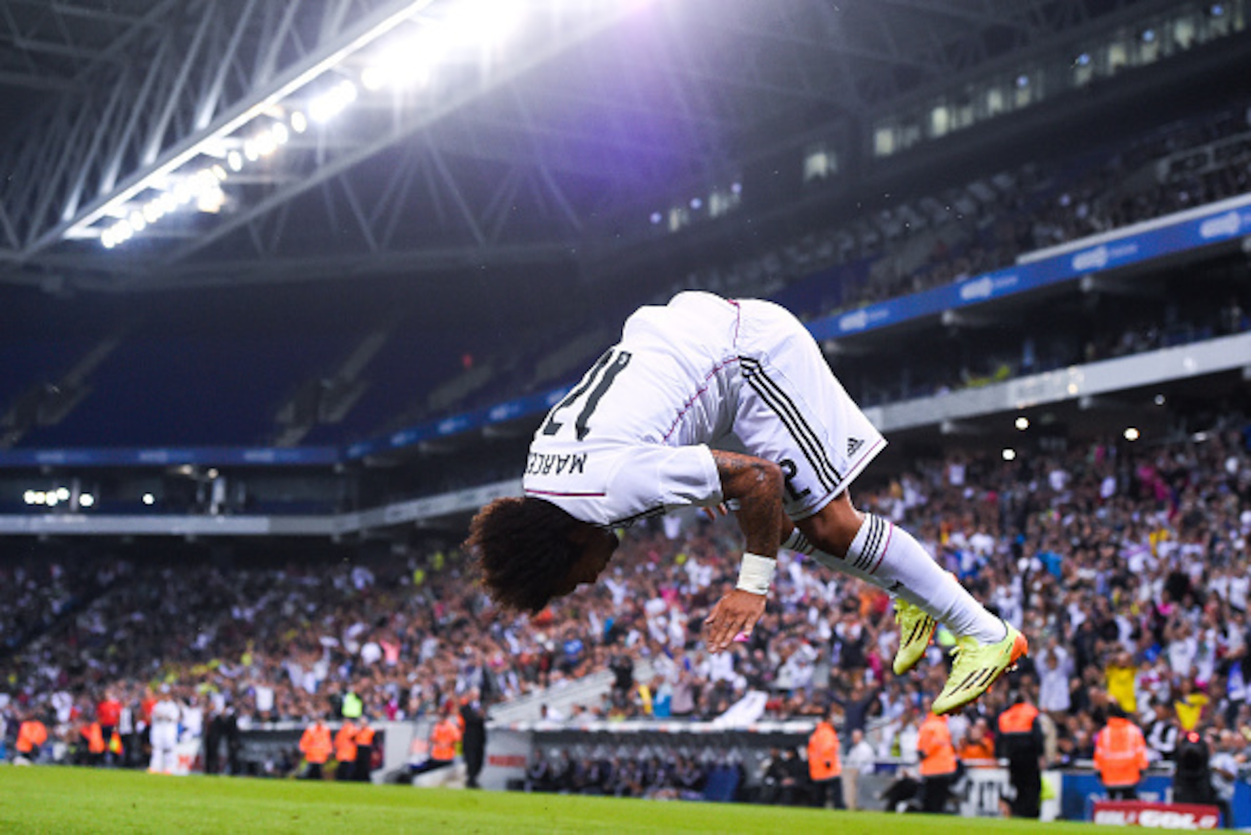 BARCELONA, SPAIN - OCTOBER 29:  Marcelo Vieira of Real Madrid CF celebrates after scoring his team's fourth goal during the Copa Del Rey Round of 32 first leg match at Power8 Stadium on October 29, 2014 in Barcelona, Spain.  (Photo by David Ramos/Getty Im