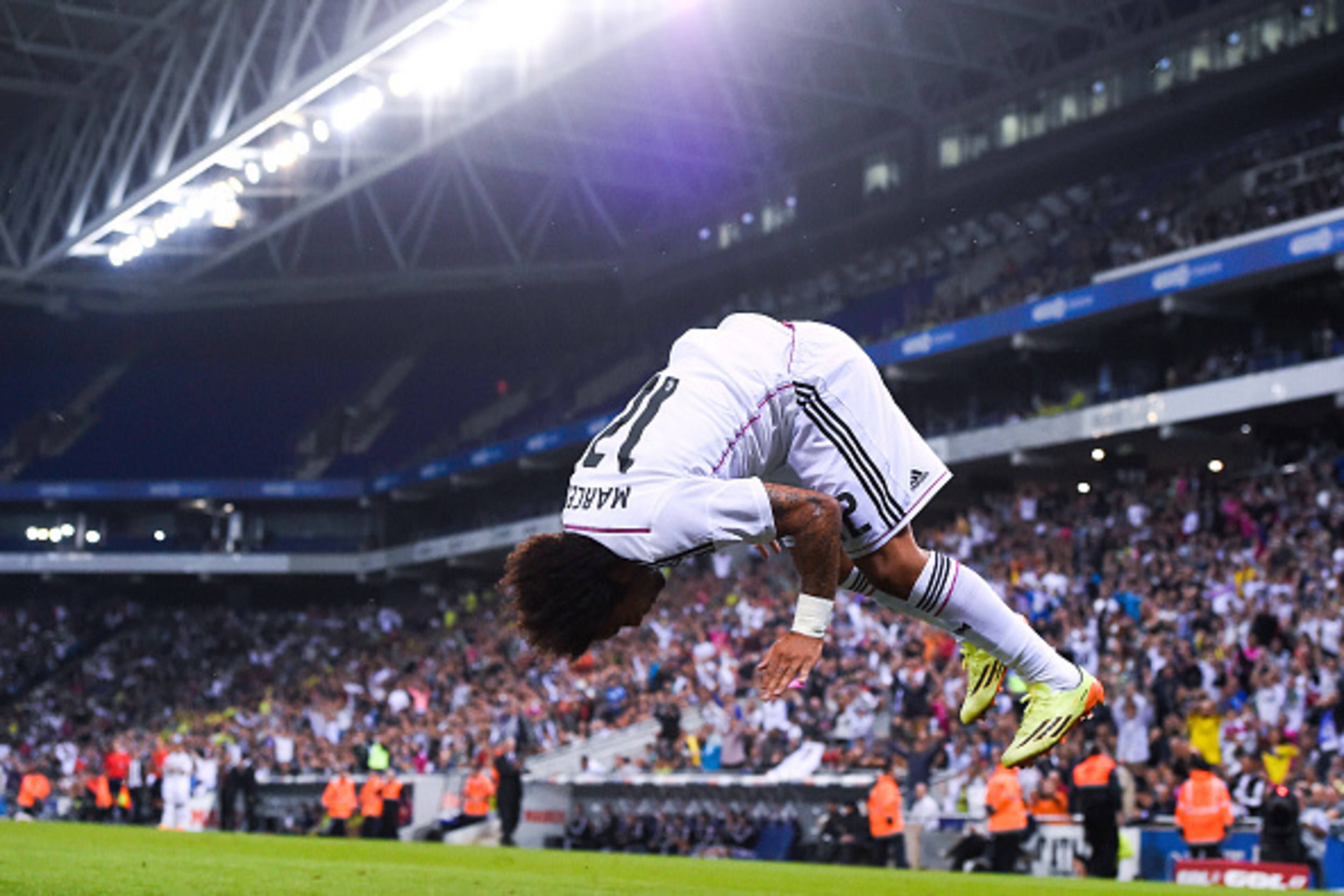 BARCELONA, SPAIN - OCTOBER 29:  Marcelo Vieira of Real Madrid CF celebrates after scoring his team's fourth goal during the Copa Del Rey Round of 32 first leg match at Power8 Stadium on October 29, 2014 in Barcelona, Spain.  (Photo by David Ramos/Getty Im