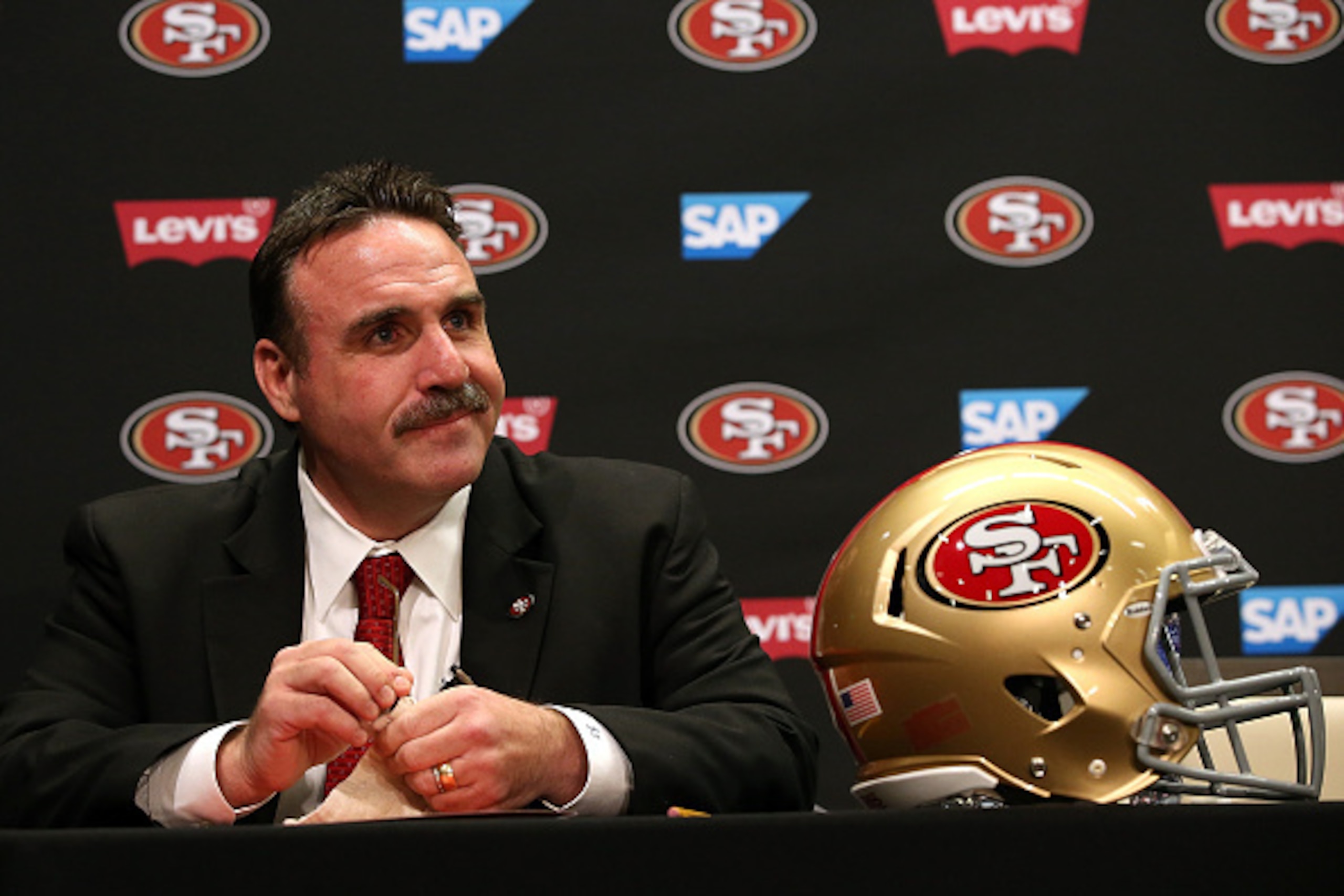 SANTA CLARA, CA - JANUARY 15:  Jim Tomsula speaks during a press conference at Levi's Stadium on January 15, 2015 in Santa Clara, California. The San Francisco 49ers announced Jim Tomsula as their new head coach to replace Jim Harbaugh.  (Photo by Justin 