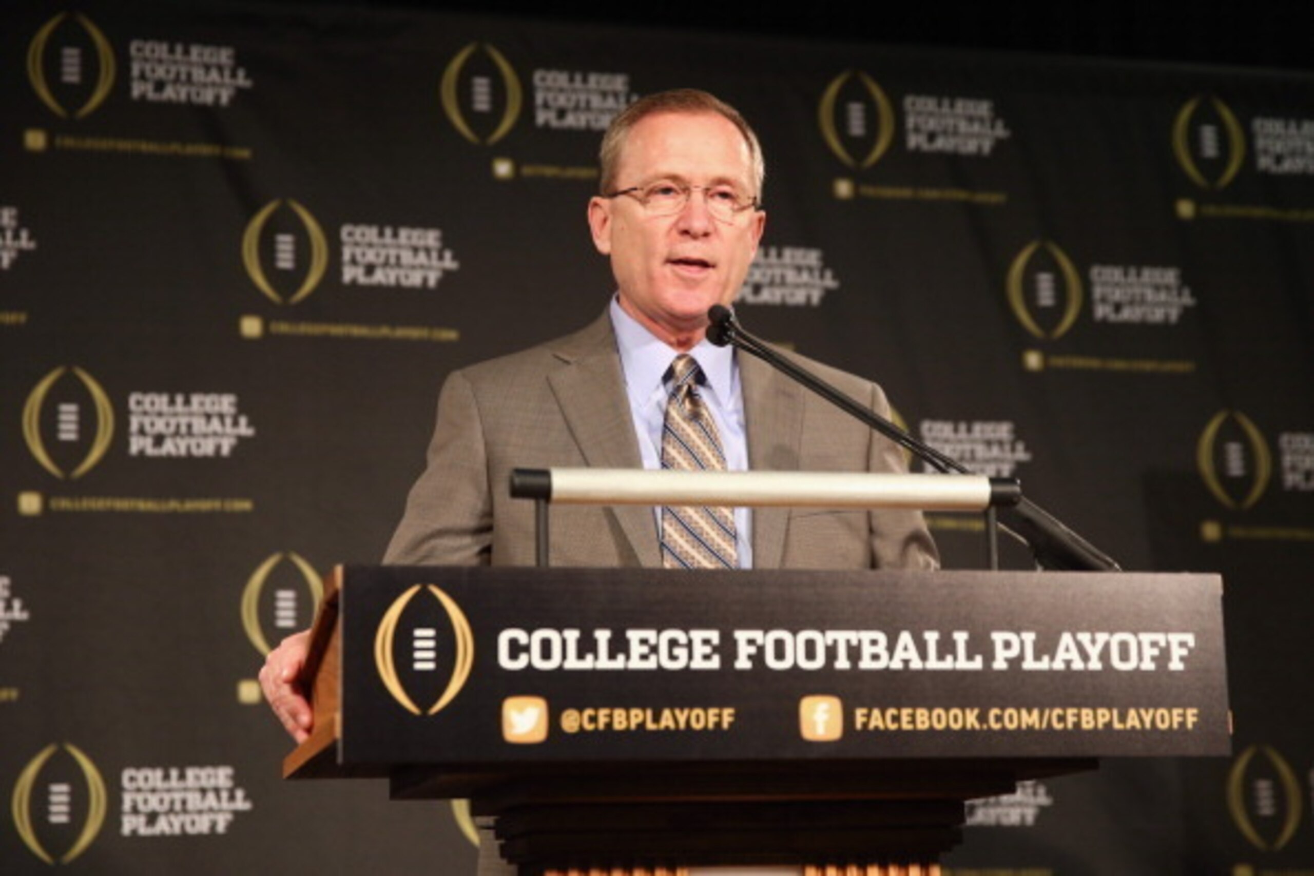 IRVING, TX - OCTOBER 16:  Jeff Long answers questions from the media after being named the chairman of the College Football Playoff selection committee on October 16, 2013 in Irving, Texas. Condoleezza Rice, Stanford University professor and former United