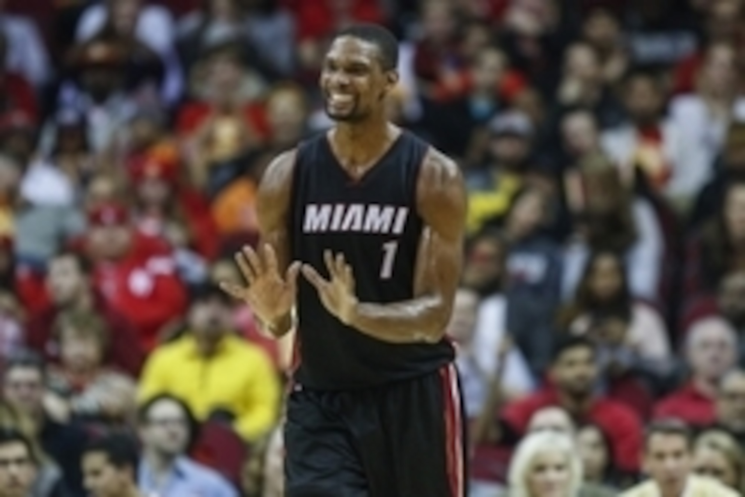 Jan 3, 2015; Houston, TX, USA; Miami Heat center Chris Bosh (1) reacts after a play during the second quarter against the Houston Rockets at Toyota Center. Mandatory Credit: Troy Taormina-USA TODAY Sports Jan 3, 2015; Houston, TX, USA; Miami Heat center Chris Bosh (1) reacts after a play during the second quarter against the Houston Rockets at Toyota Center. Mandatory Credit: Troy Taormina-USA TODAY Sports