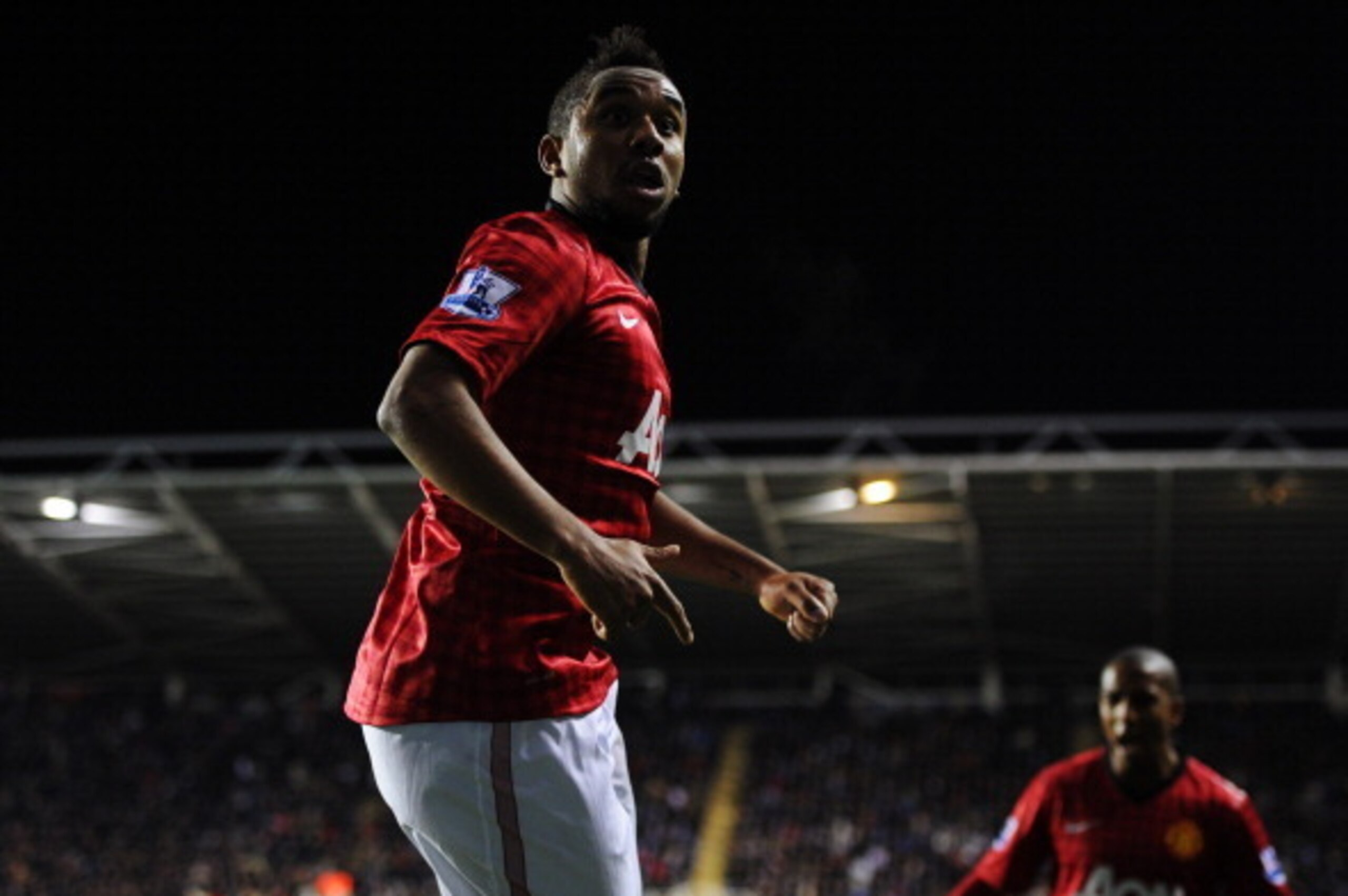 READING, ENGLAND - DECEMBER 01:  Anderson of Manchester United celebrates scoring with teammate Ashley Young during the Barclays Premier League match between Reading and Manchester United at Madejski Stadium on December 1, 2012 in Reading, England.  (Phot