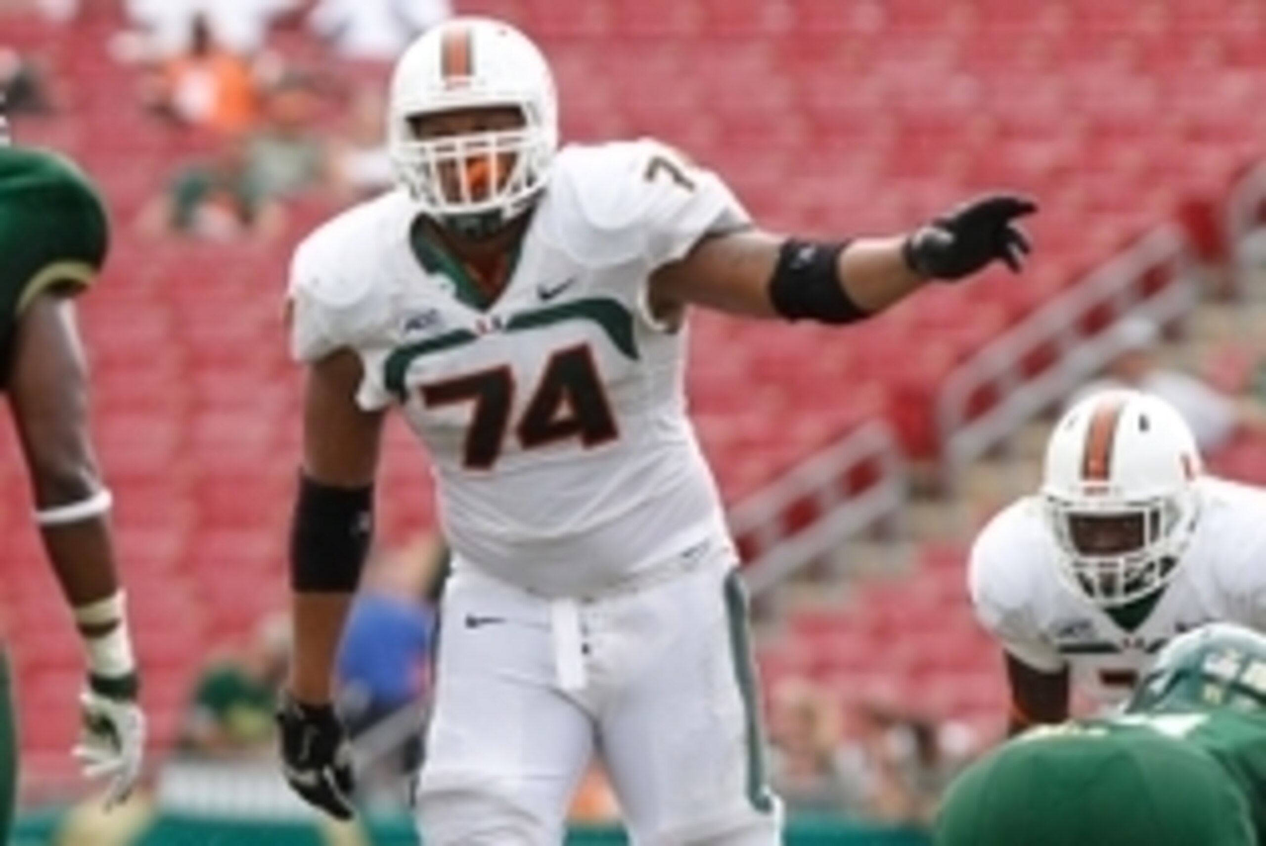 Sep 28, 2013; Tampa, FL, USA; Miami Hurricanes offensive linesman Ereck Flowers (74) against the South Florida Bulls during the second half at Raymond James Stadium. Miami Hurricanes defeated the South Florida Bulls 49-21. Mandatory Credit: Kim Klement-US