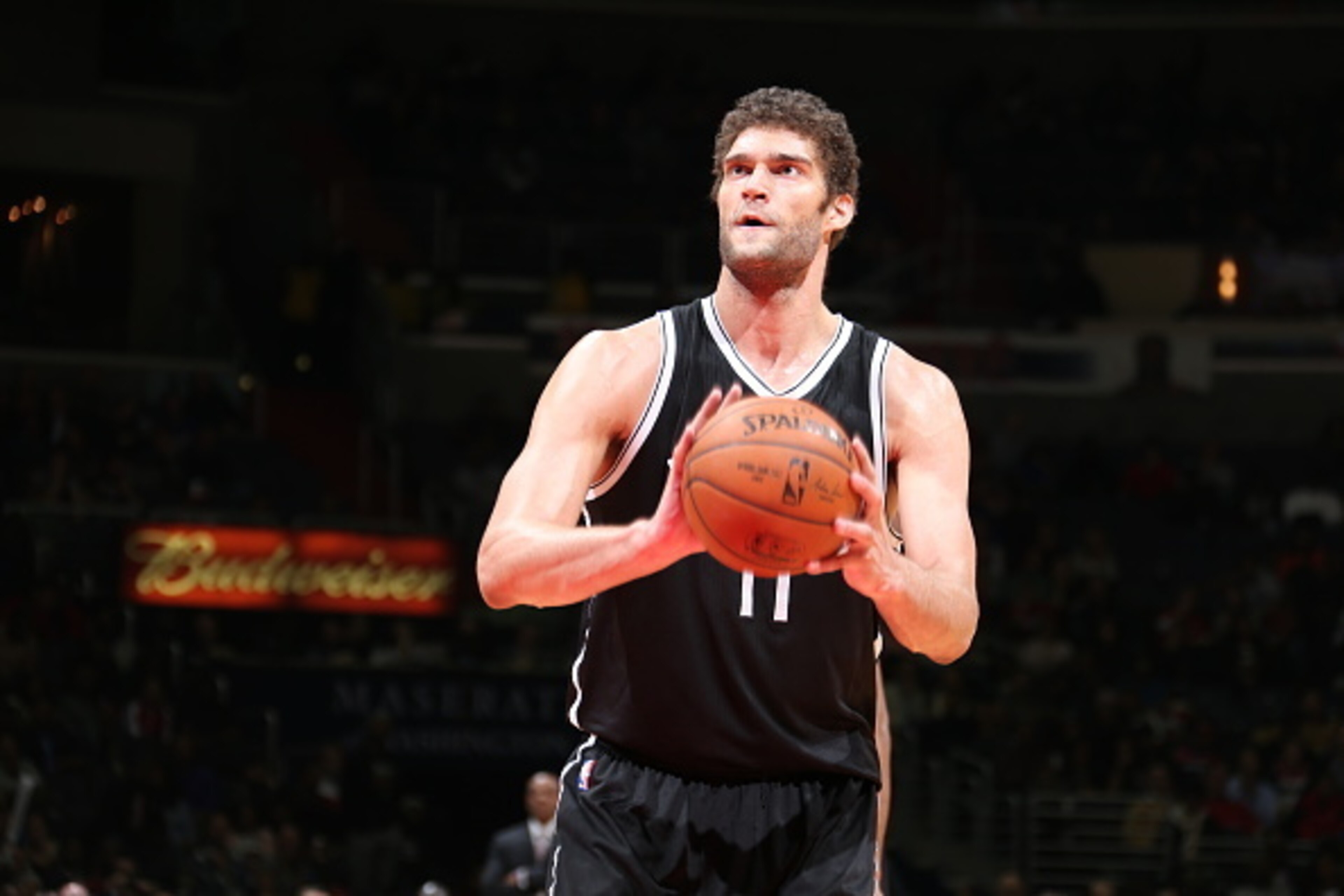 WASHINGTON, DC -  JANUARY 16: Brook Lopez #11 of the Brooklyn Nets attempts a free throw against the Washington Wizards on January 16, 2015 at Verizon Center in Washington, DC. NOTE TO USER: User expressly acknowledges and agrees that, by downloading and 