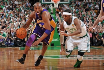 BOSTON - JUNE 8:  Kobe Bryant #8 of the Los Angeles Lakers drives to the basket against Rajon Rondo #9 of the Boston Celtics in Game Three of the 2010 NBA Finals on June 8, 2010 at TD Garden in Boston, Massachusetts.  NOTE TO USER: User expressly acknowle