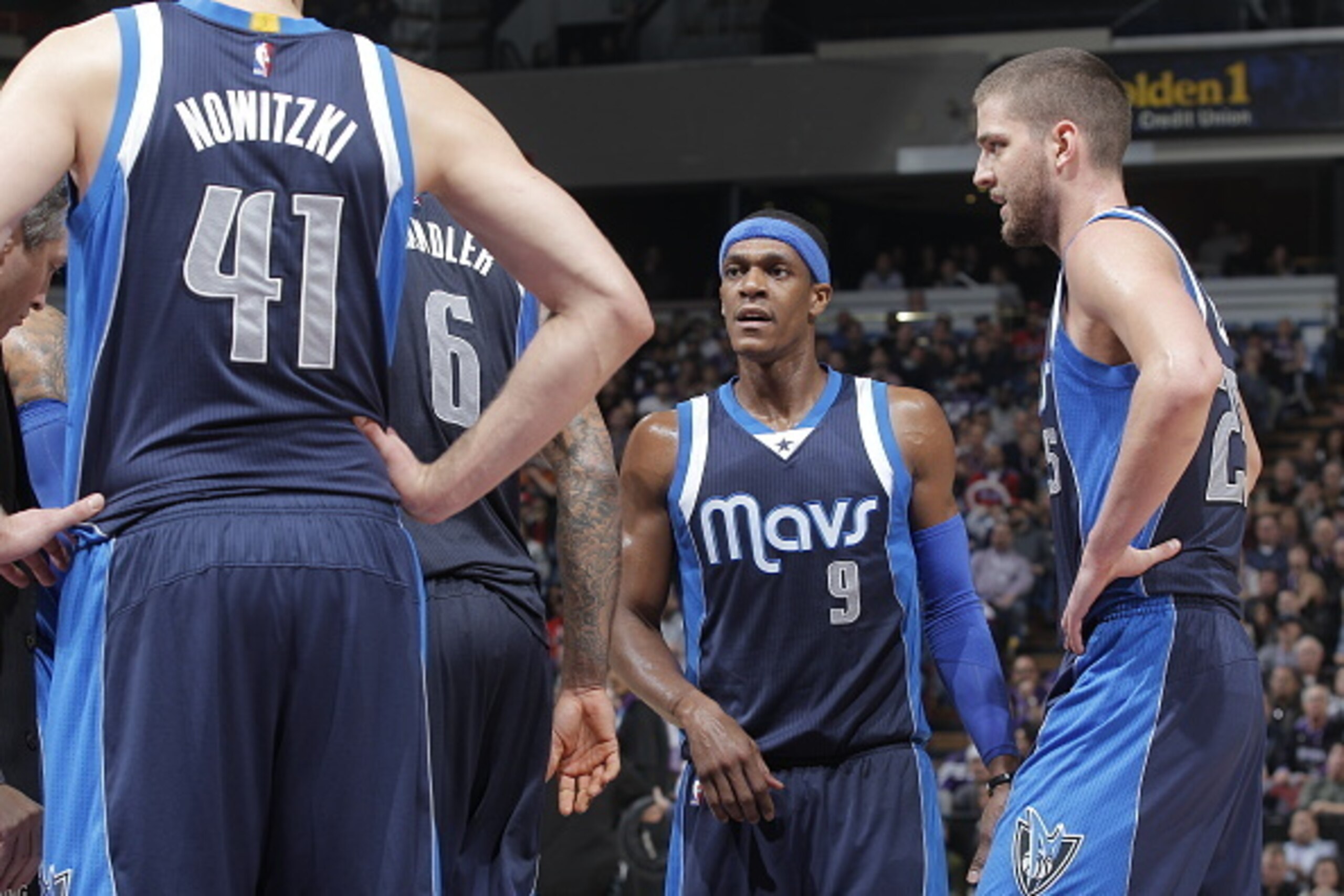 SACRAMENTO, CA - JANUARY 13: Rajon Rondo #9 of the Dallas Mavericks talks to his teammates against the Sacramento Kings on January 13, 2015 at Sleep Train Arena in Sacramento, California. NOTE TO USER: User expressly acknowledges and agrees that, by downl