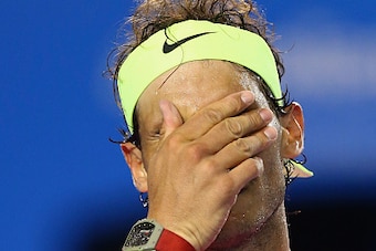 MELBOURNE, AUSTRALIA - JANUARY 21:  Rafael Nadal of Spain reacts during in his second round match against Tim Smyczek of the United States during day three of the 2015 Australian Open at Melbourne Park on January 21, 2015 in Melbourne, Australia.  (Photo 