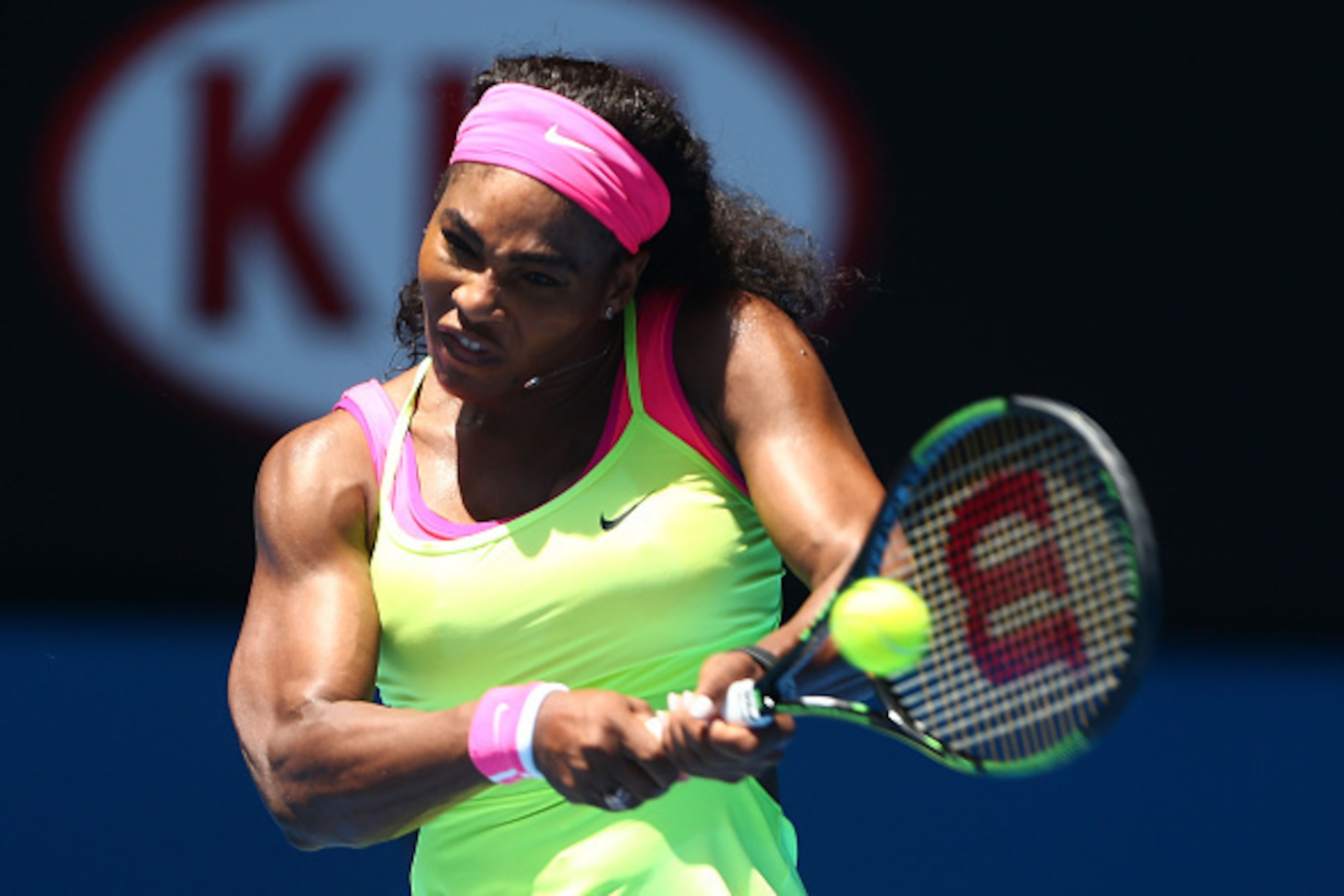 MELBOURNE, AUSTRALIA - JANUARY 22:  Serena Williams of the United States plays a backhand in her second round match against Vera Zvonareva of Russia during day four of the 2015 Australian Open at Melbourne Park on January 22, 2015 in Melbourne, Australia.