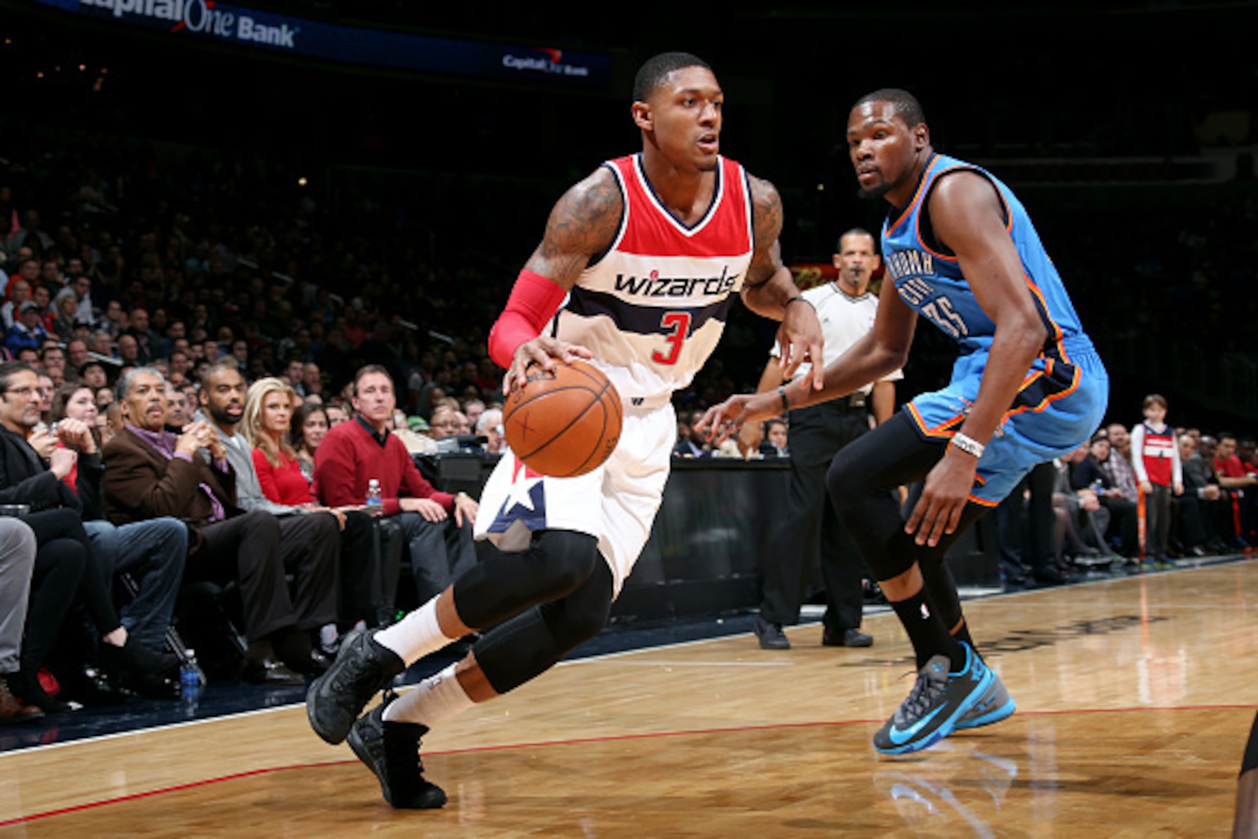 WASHINGTON, DC - JANUARY 21: Bradley Beal #3 of the Washington Wizards drives against Kevin Durant #35 of the Oklahoma City Thunder on January 21, 2015 at Verizon Center in Washington, DC. NOTE TO USER: User expressly acknowledges and agrees that, by dow WASHINGTON, DC - JANUARY 21: Bradley Beal #3 of the Washington Wizards drives against Kevin Durant #35 of the Oklahoma City Thunder on January 21, 2015 at Verizon Center in Washington, DC. NOTE TO USER: User expressly acknowledges and agrees that, by dow