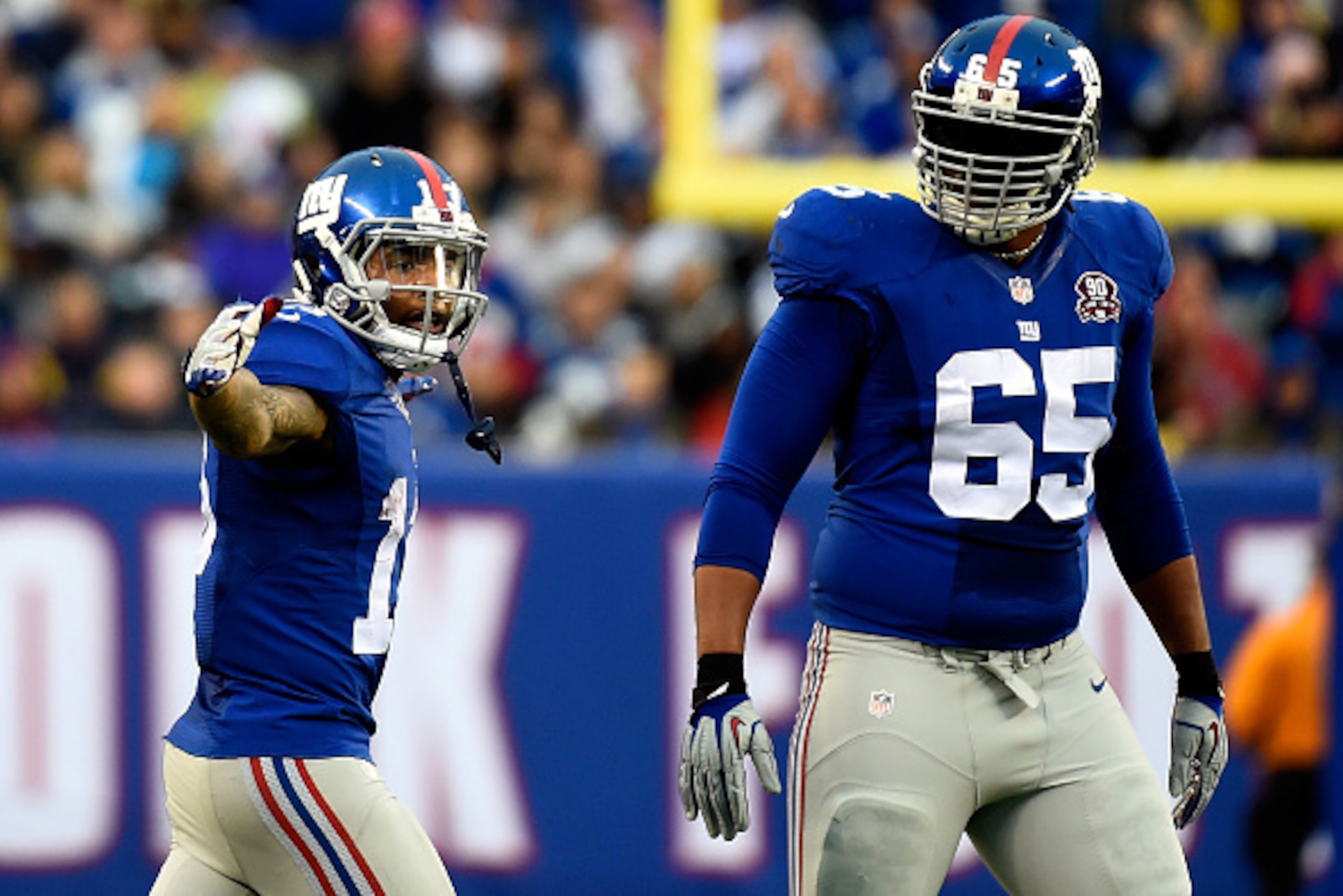 EAST RUTHERFORD, NJ - DECEMBER 28: Odell Beckham #13 of the New York Giants reacts against the Philadelphia Eagles during a game at MetLife Stadium on December 28, 2014 in East Rutherford, New Jersey. (Photo by Alex Goodlett/Getty Images) EAST RUTHERFORD, NJ - DECEMBER 28: Odell Beckham #13 of the New York Giants reacts against the Philadelphia Eagles during a game at MetLife Stadium on December 28, 2014 in East Rutherford, New Jersey. (Photo by Alex Goodlett/Getty Images)