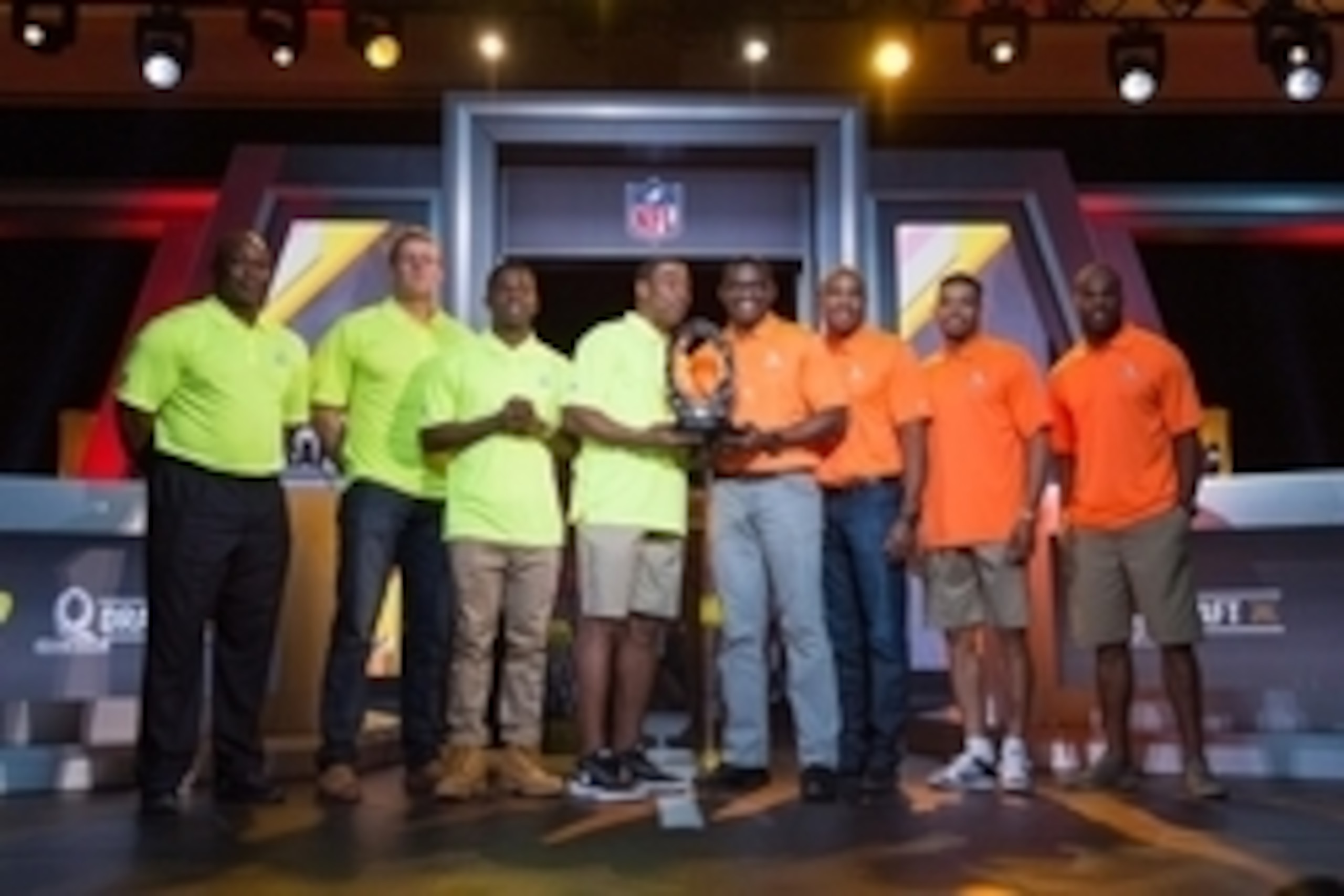January 20, 2015; Phoenix, AZ, USA; (L-R) Team Carter alumni co-captain John Randle, defensive end J.J. Watt (99) of the Houston Texans, wide receiver Antonio Brown (84) of the Pittsburgh Steelers, and alumni captain Cris Carter pose for a photo with Team