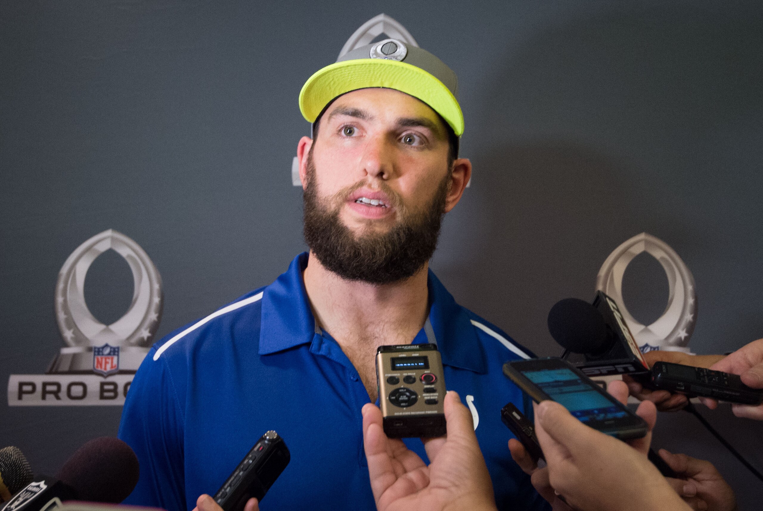 Jan 21, 2015; Phoenix, AZ, USA; Indianapolis Colts quarterback Andrew Luck (12) addresses the media after being selected first overall by Team Carter during the Pro Bowl Draft at The Arizona Biltmore. Mandatory Credit: Kyle Terada-USA TODAY Sports Jan 21, 2015; Phoenix, AZ, USA; Indianapolis Colts quarterback Andrew Luck (12) addresses the media after being selected first overall by Team Carter during the Pro Bowl Draft at The Arizona Biltmore. Mandatory Credit: Kyle Terada-USA TODAY Sports