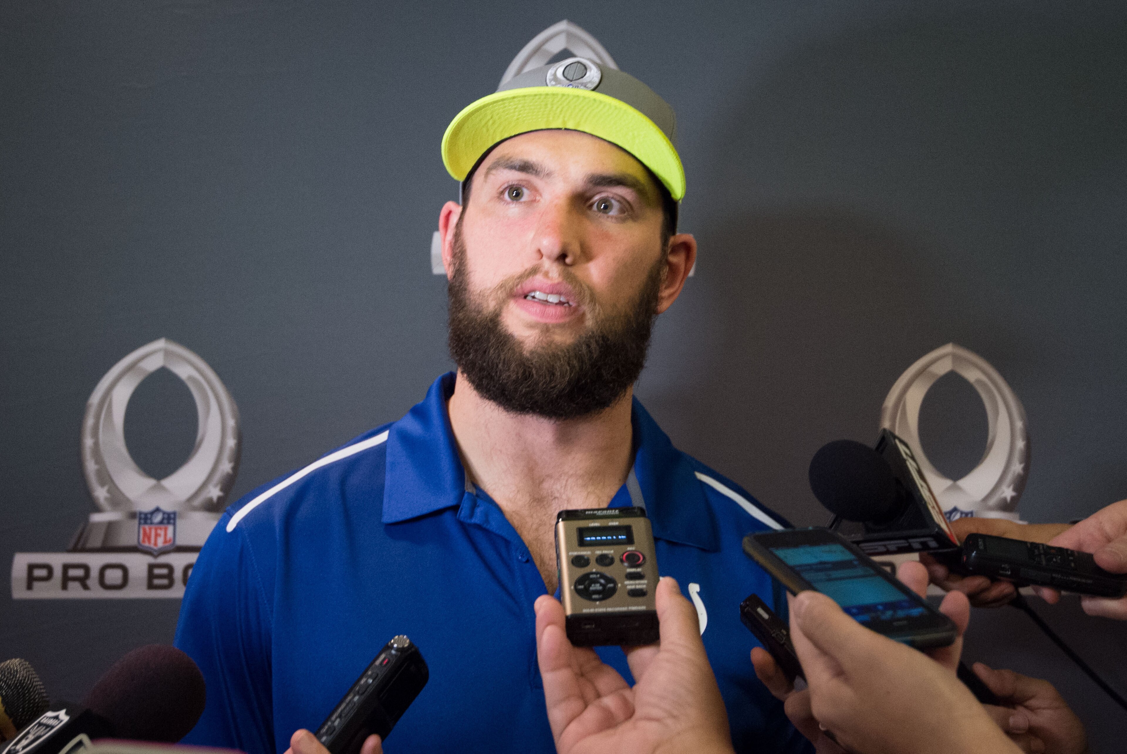 Jan 21, 2015; Phoenix, AZ, USA; Indianapolis Colts quarterback Andrew Luck (12) addresses the media after being selected first overall by Team Carter during the Pro Bowl Draft at The Arizona Biltmore. Mandatory Credit: Kyle Terada-USA TODAY Sports Jan 21, 2015; Phoenix, AZ, USA; Indianapolis Colts quarterback Andrew Luck (12) addresses the media after being selected first overall by Team Carter during the Pro Bowl Draft at The Arizona Biltmore. Mandatory Credit: Kyle Terada-USA TODAY Sports