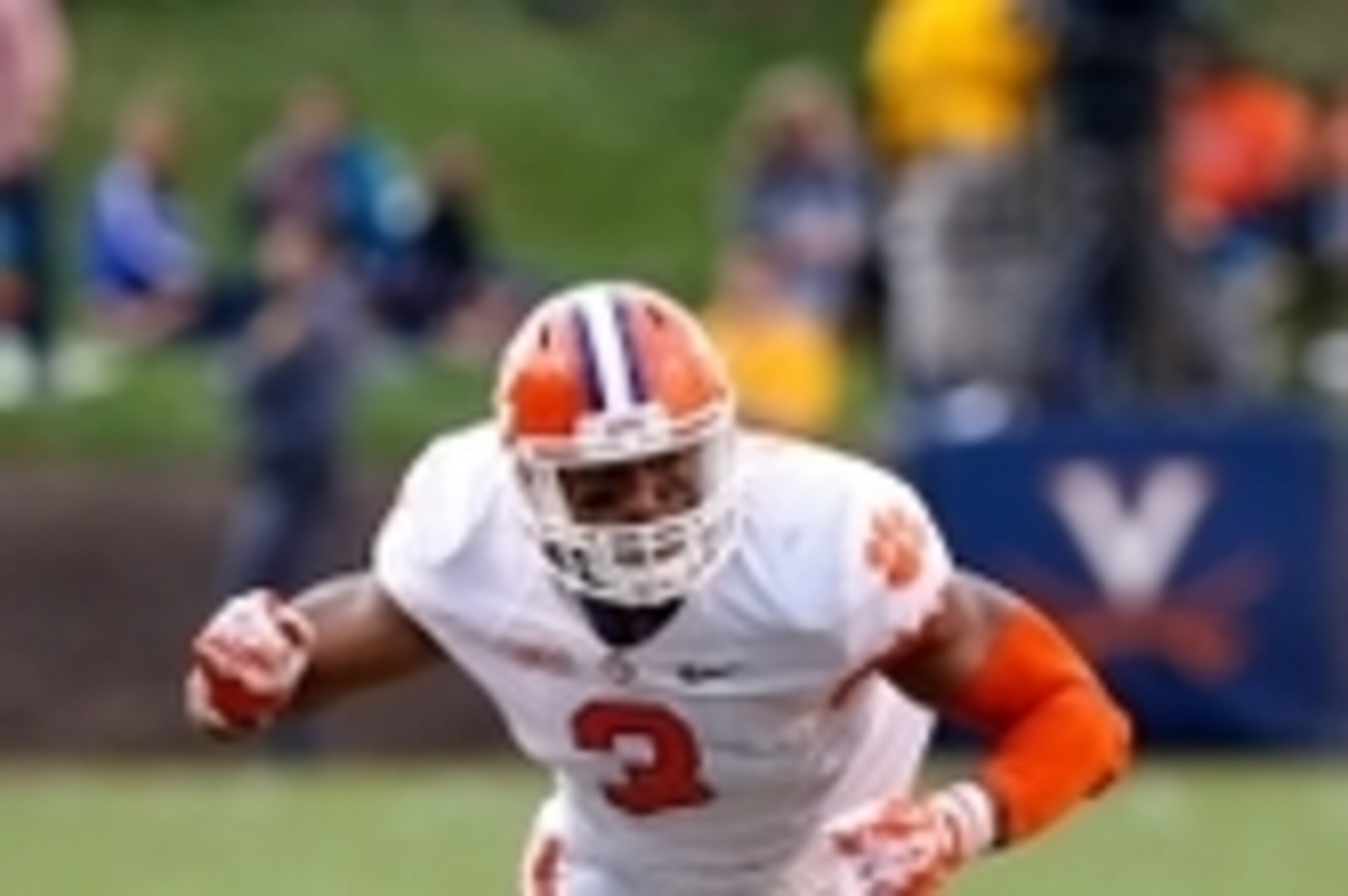 Nov 2, 2013; Charlottesville, VA, USA; Clemson Tigers defensive end Vic Beasley (3) chases the ball carrier against the Virginia Cavaliers at Scott Stadium. Mandatory Credit: Geoff Burke-USA TODAY Sports