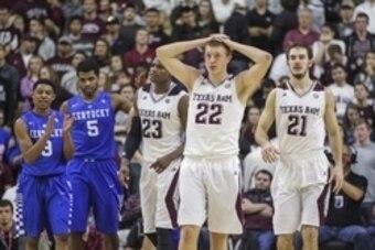 Jan 10, 2015; College Station, TX, USA; Texas A&M Aggies guard Peyton Allen (22) reacts after a play during second overtime against the Kentucky Wildcats at Reed Arena. The Wildcats defeated the Aggies 70-64. Mandatory Credit: Troy Taormina-USA TODAY Spor