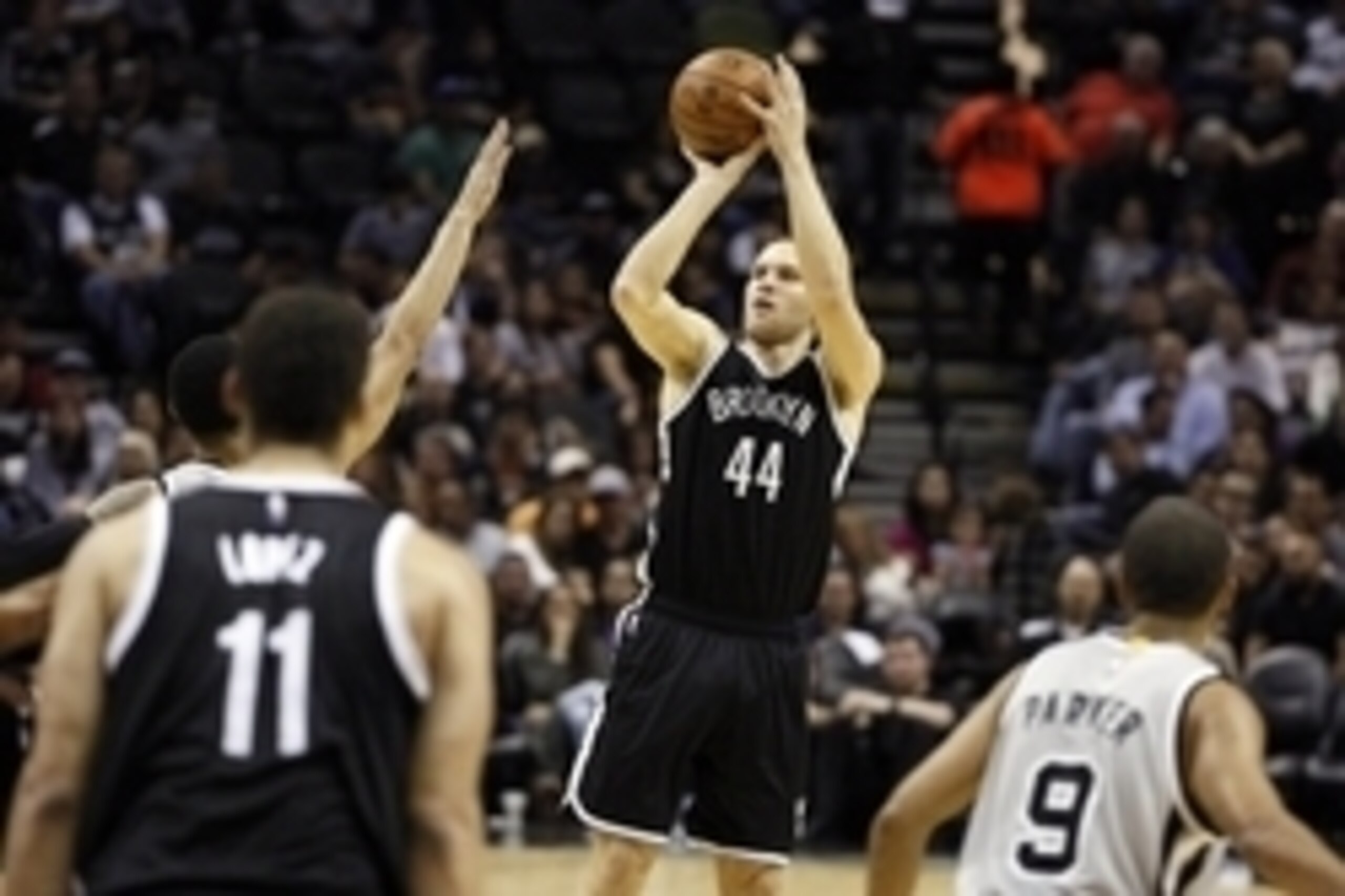 Nov 22, 2014; San Antonio, TX, USA; Brooklyn Nets shooting guard Bojan Bogdanovic (44) shoots the ball against the San Antonio Spurs during the second half at AT&T Center. Mandatory Credit: Soobum Im-USA TODAY Sports