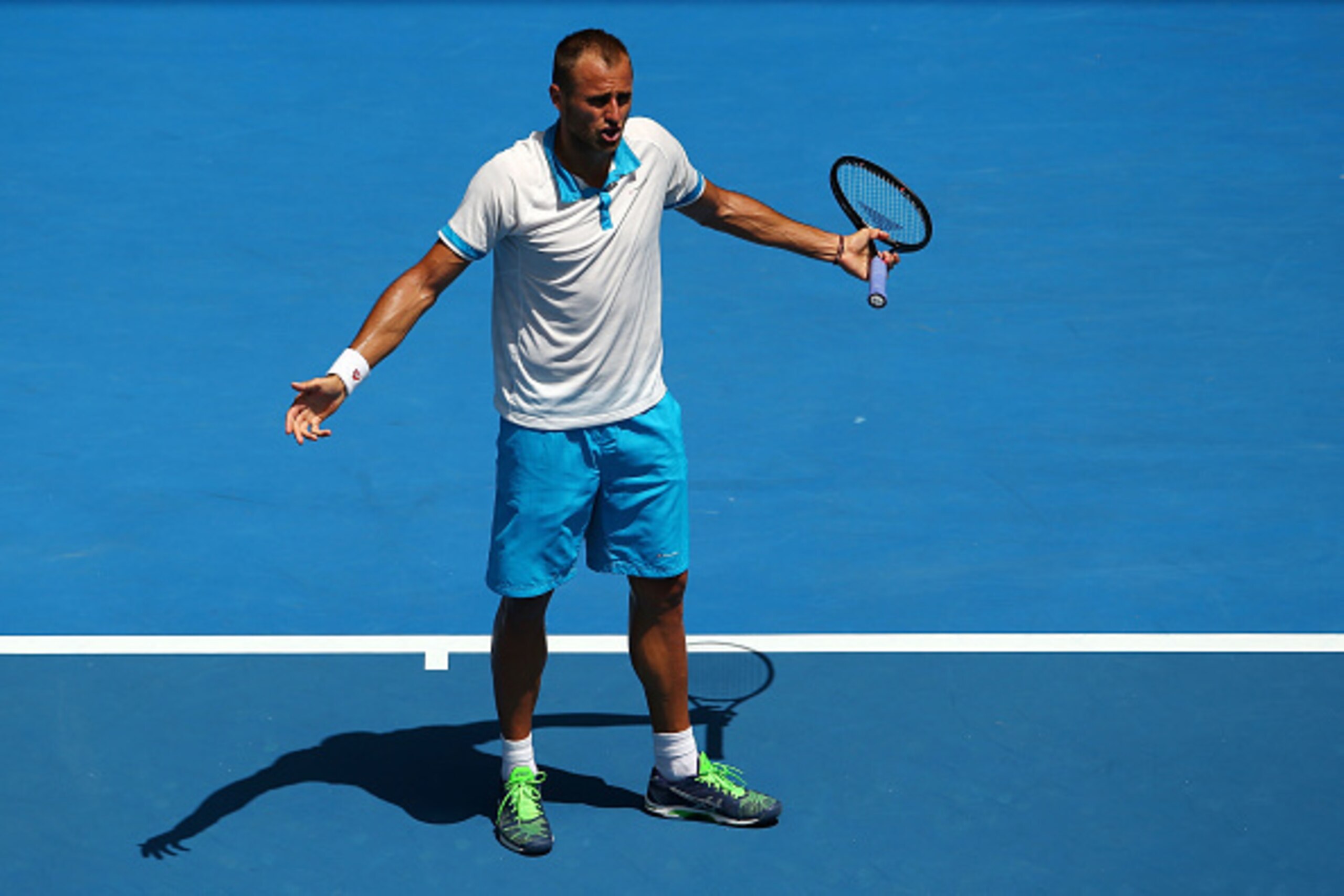 MELBOURNE, AUSTRALIA - JANUARY 22:  Marius Copil of Romania reacts to a point in his second round match against Stanislas Wawrinka of Switzerland during day four of the 2015 Australian Open at Melbourne Park on January 22, 2015 in Melbourne, Australia.  (