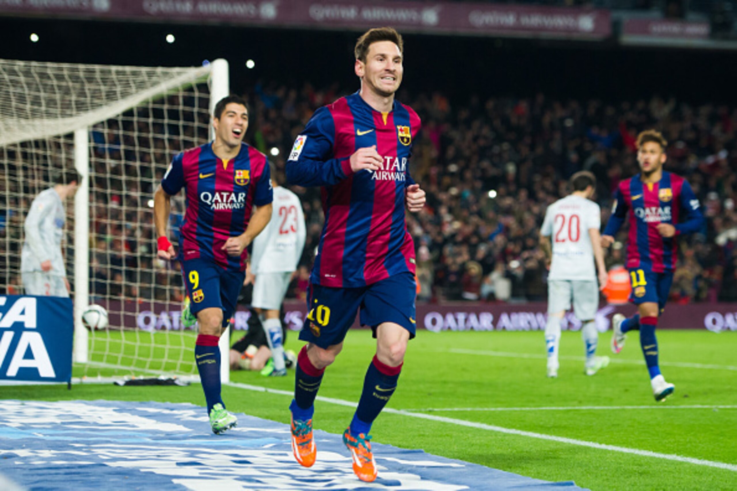 BARCELONA, SPAIN - JANUARY 21:  Lionel Messi celebrates after scoring his team's first goal during the Copa del Rey Quarter-Final First Leg match between FC Barcelona and Club Atletico de Madrid at Camp Nou on January 21, 2015 in Barcelona, Spain. (Photo 