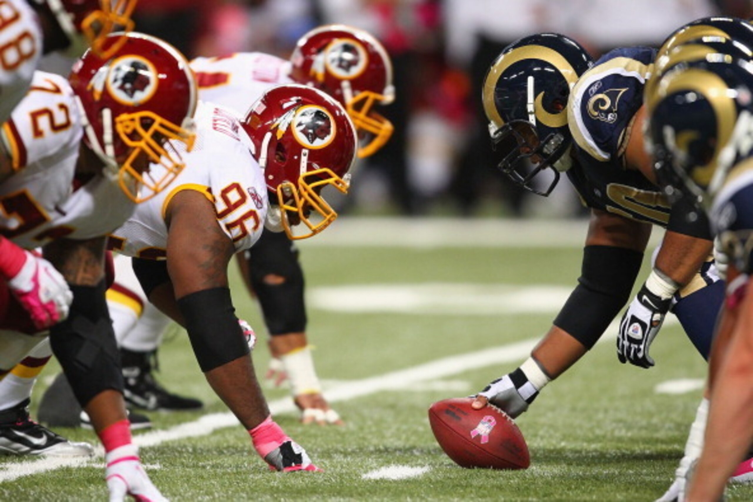 ST. LOUIS, MO - OCTOBER 02: Barry Cofield #96 of the Washington Redskins lines up against the St. Louis Rams at the Edward Jones Dome on October 2, 2011 in St. Louis, Missouri.  The Washington Redskins beat the St. Louis Rams 17-10.  (Photo by Dilip Vishw