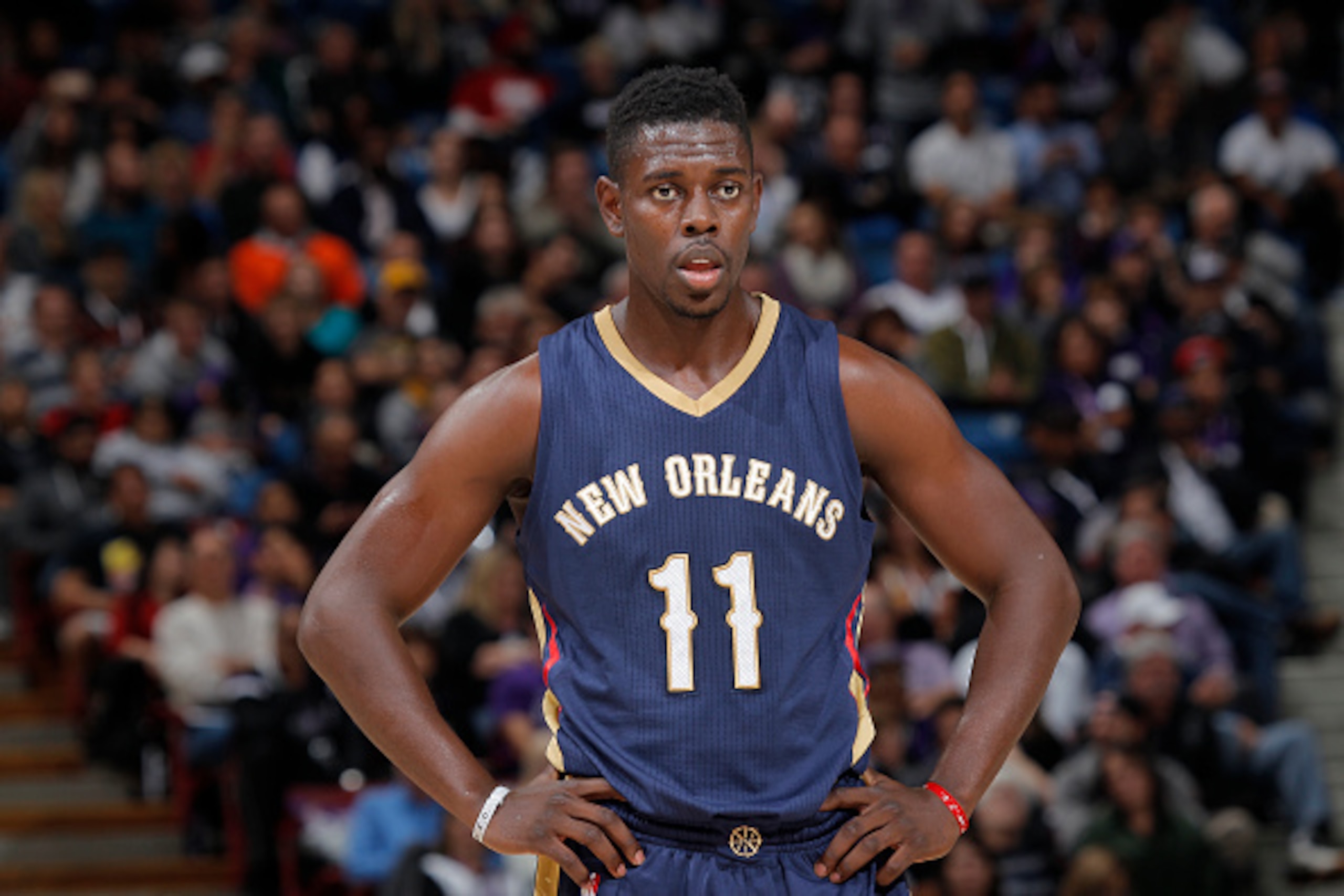 SACRAMENTO, CA - NOVEMBER 18: Jrue Holiday #11 of the New Orleans Pelicans stands on the court during the game against the Sacramento Kings on November 18, 2014 at Sleep Train Arena in Sacramento, California. NOTE TO USER: User expressly acknowledges and 