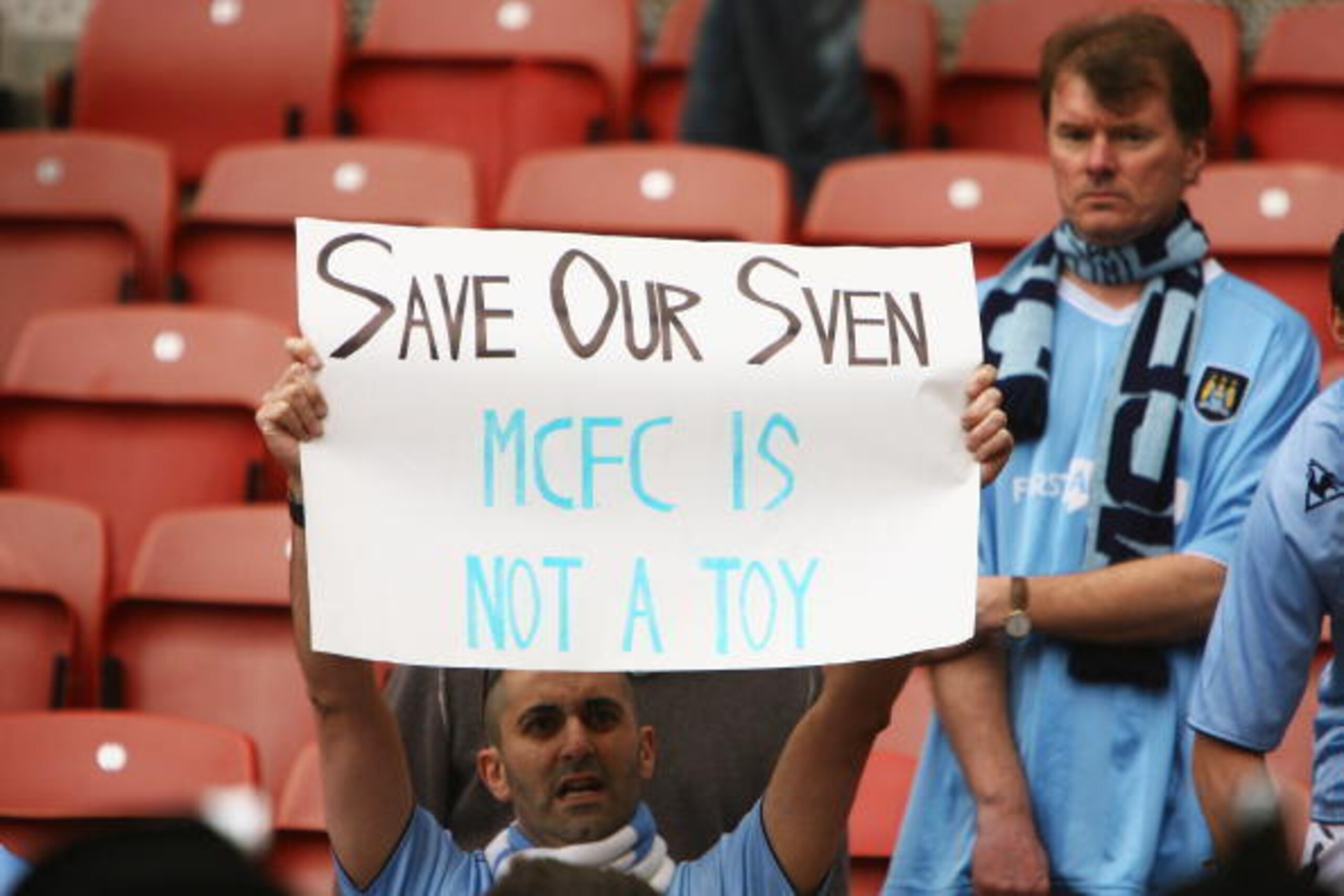 MIDDLESBROUGH, UNITED KINGDOM - MAY 11:  Fans display encouragement for their Manchester City manager Sven Govan Eriksson after they suffer an eight goal defeat in the Barclays Premier League Match between Middlesbrough and Manchester City at Riverside St