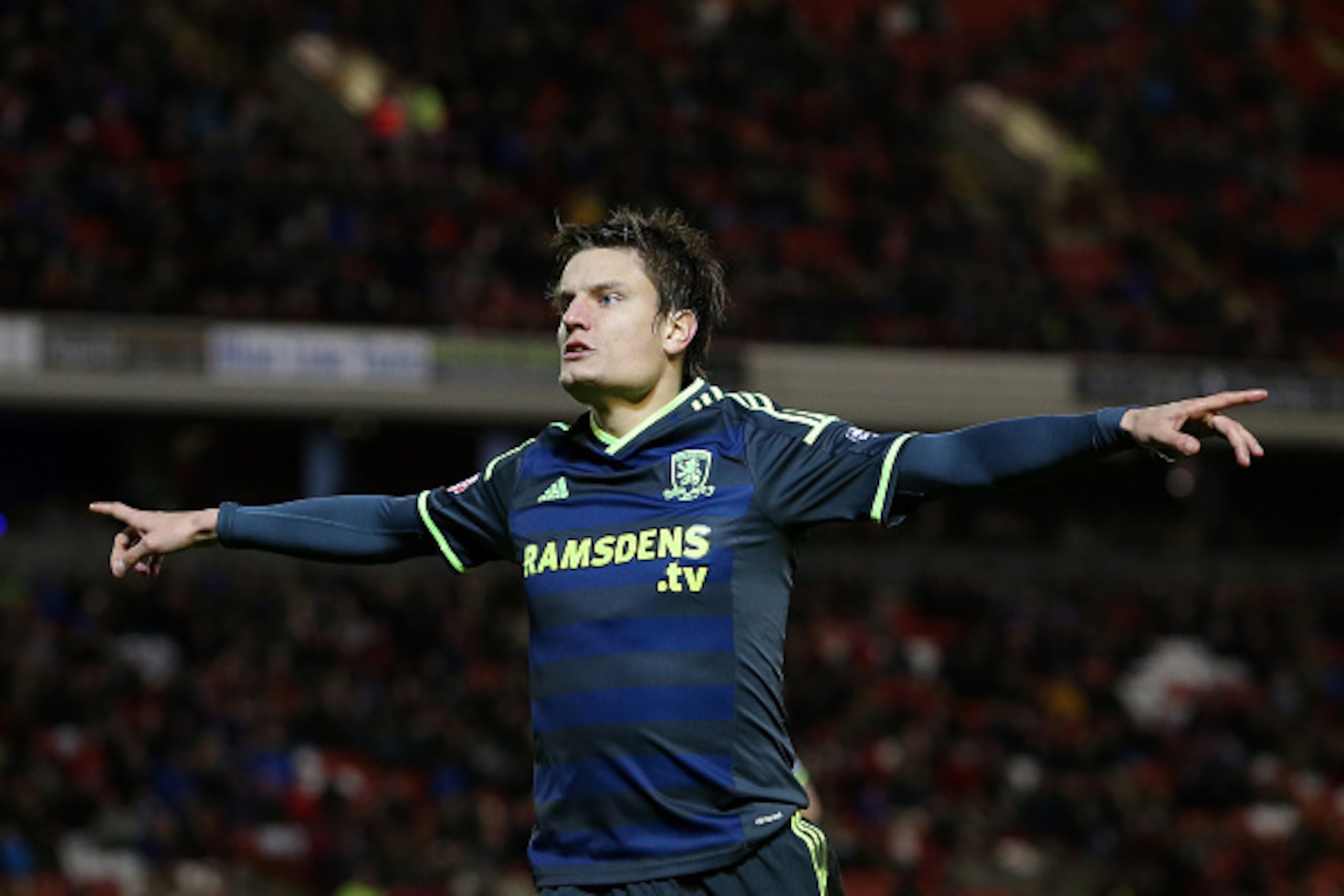 BARNSLEY, ENGLAND - JANUARY 03:  Jelle Vossen of Middlesbrough celebrates  his goal during the FA Cup Third Round match between Barnsley and Middlesbrough at Oakwell Stadium on January 3, 2015 in Barnsley, England.  (Photo by Jan Kruger/Getty Images)