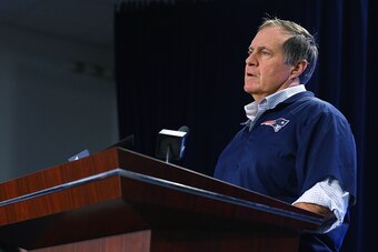 FOXBORO, MA - JANUARY 22:  New England Patriots head coach Bill Belichick talks to the media during a press conference to address the under inflation of footballs used in the AFC championship game at Gillette Stadium on January 22, 2015 in Foxboro, Massac
