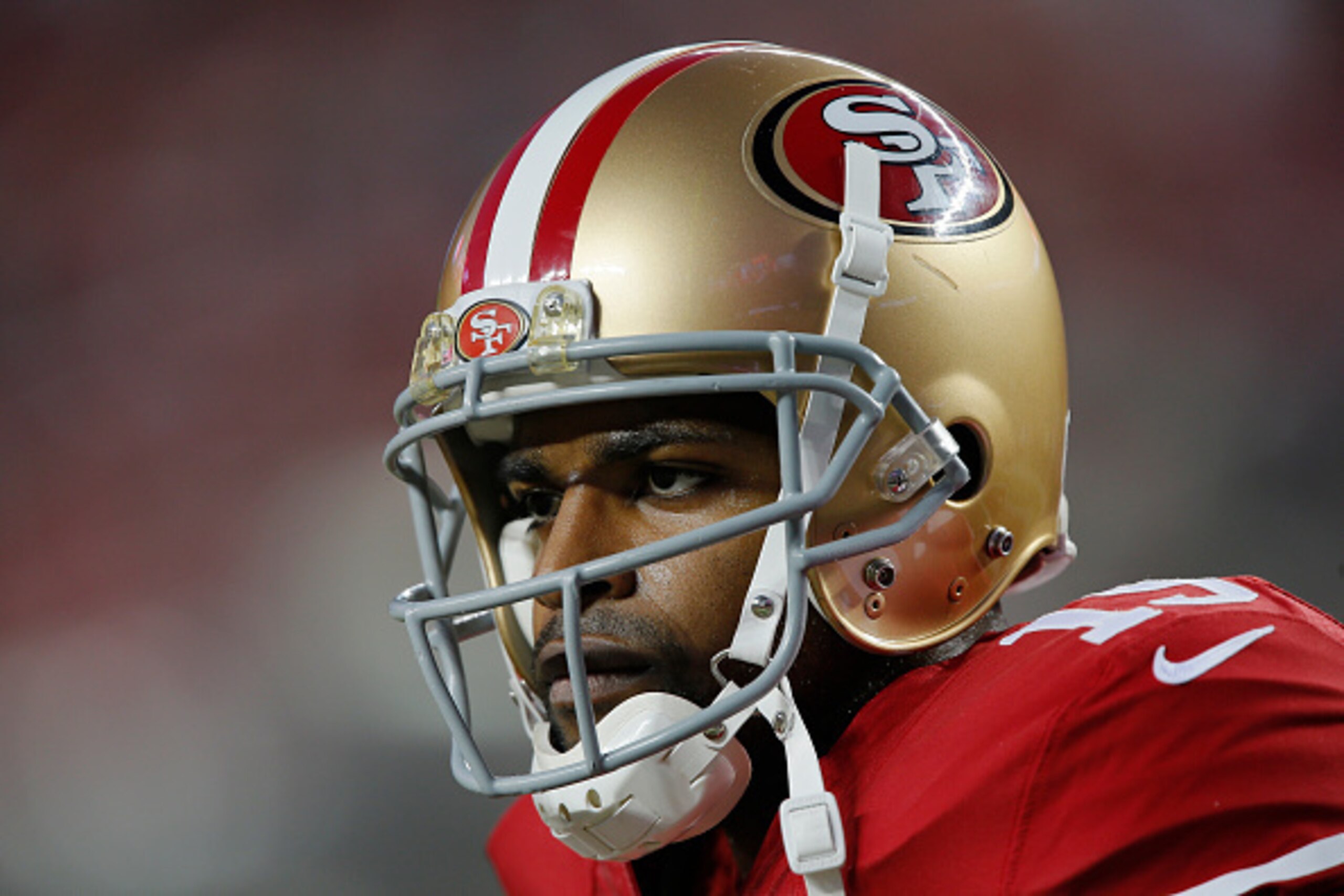 SANTA CLARA, CA - NOVEMBER 27:   Wide receiver Michael Crabtree #15 of the San Francisco 49ers warms up before a game against the Seattle Seahawks on November 27, 2014 at Levi's Stadium in Santa Clara, California.  (Photo by Brian Bahr/Getty Images)