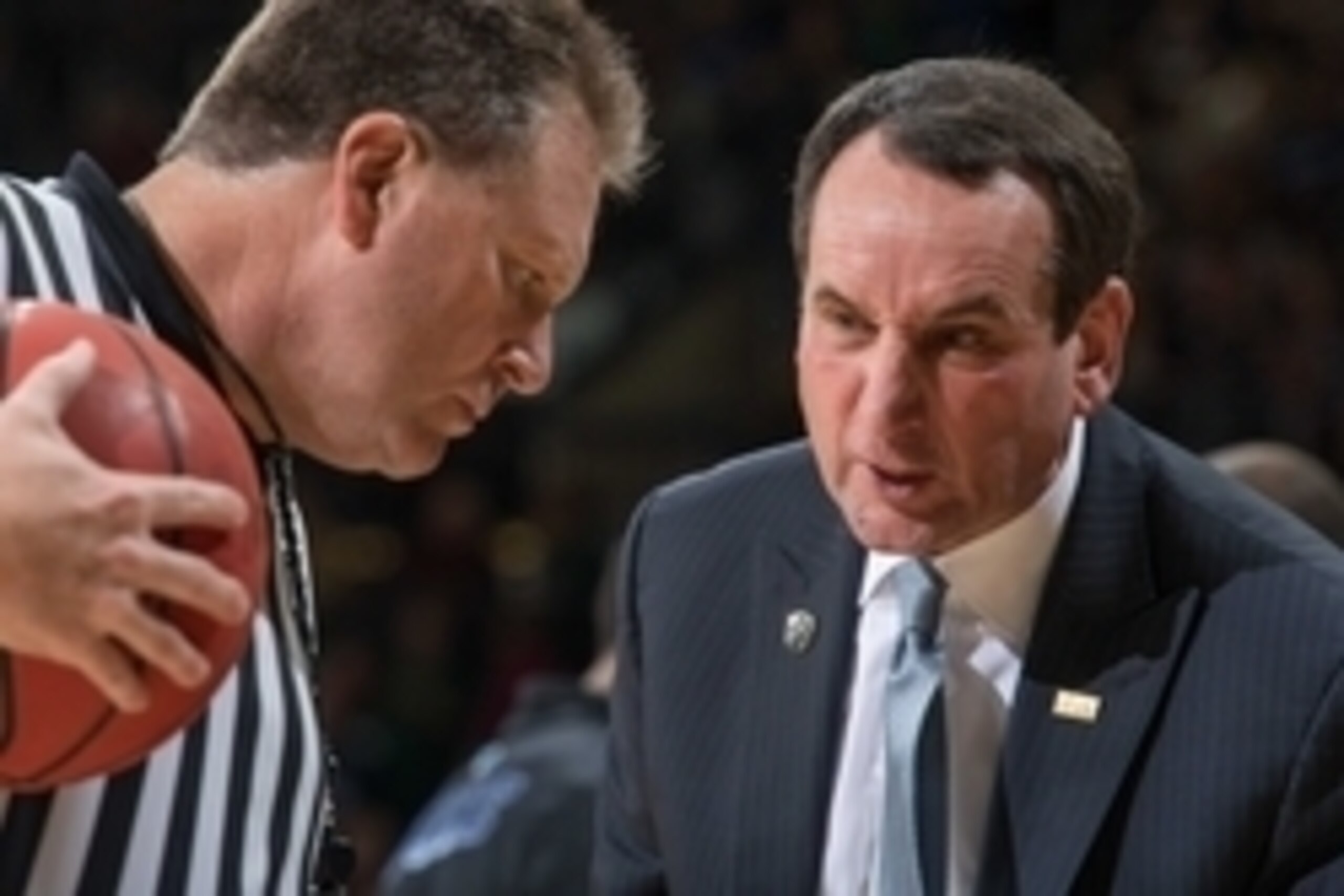 Jan 4, 2014; South Bend, IN, USA; Duke Blue Devils head coach Mike Krzyzewski argues a call in the first half against the Notre Dame Fighting Irish at the Purcell Pavilion. Mandatory Credit: Matt Cashore-USA TODAY Sports