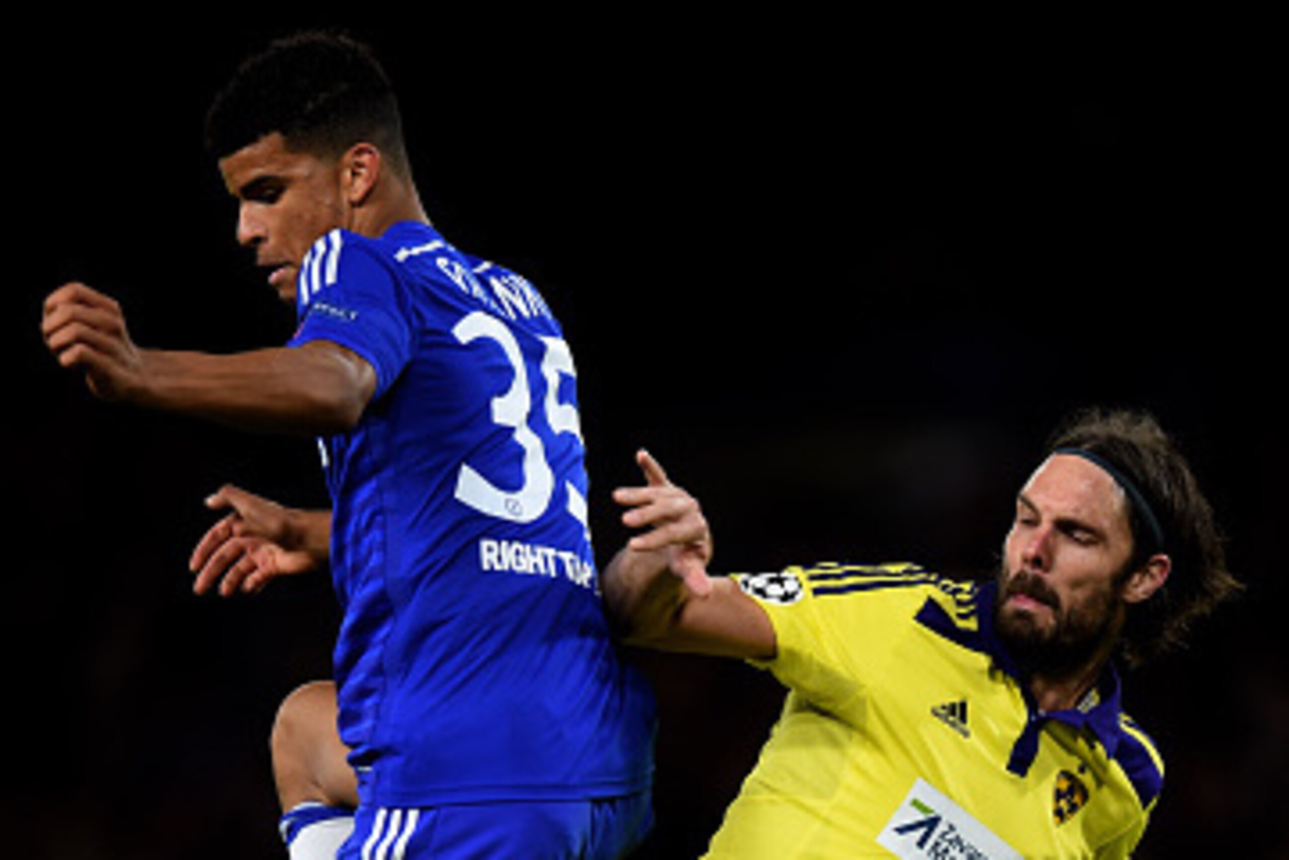 LONDON, ENGLAND - OCTOBER 21: Dominic Solanke of Chelsea is challenged by Marko Suler of Maribor during the UEFA Champions League Group G match between Chelsea FC and NK Maribor at Stamford Bridge on October 21, 2014 in London, United Kingdom.  (Photo by 