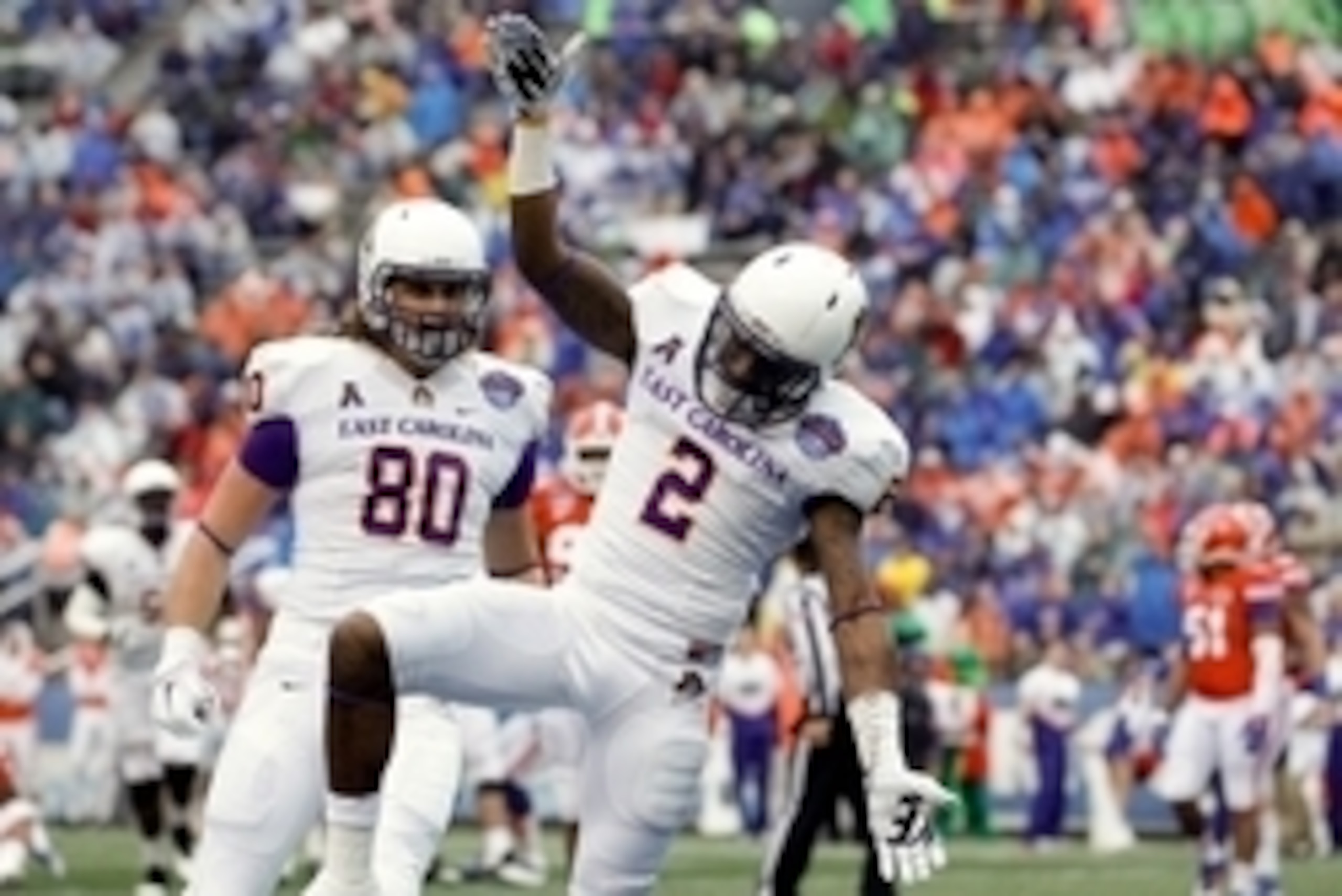 Jan 3, 2015; Birmingham, AL, USA;  East Carolina Pirates wide receiver Justin Hardy (2) celebrates after scoring a touchdown against the Florida Gators during Birmingham Bowl at Legion Field. Mandatory Credit: Marvin Gentry-USA TODAY Sports