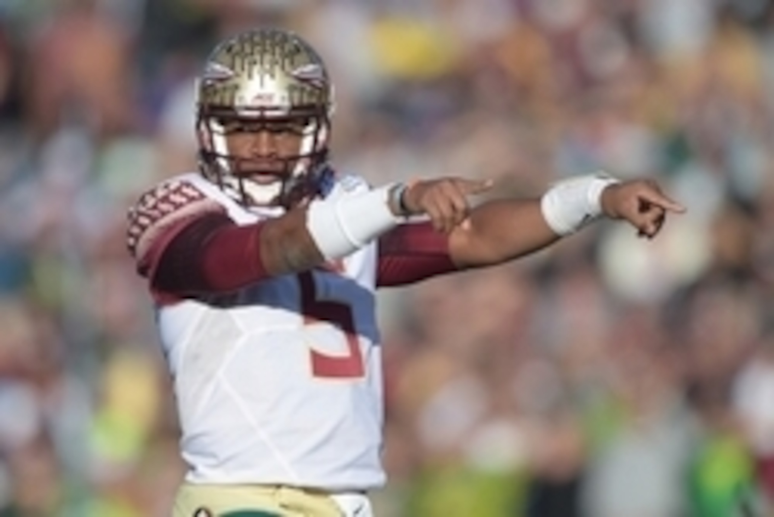 Jan 1, 2015; Pasadena, CA, USA; Florida State Seminoles quarterback Jameis Winston (5) gestures during the 2015 Rose Bowl college football game against the Oregon Ducks at Rose Bowl. Oregon defeated Florida State 59-20. Mandatory Credit: Kirby Lee-USA TOD