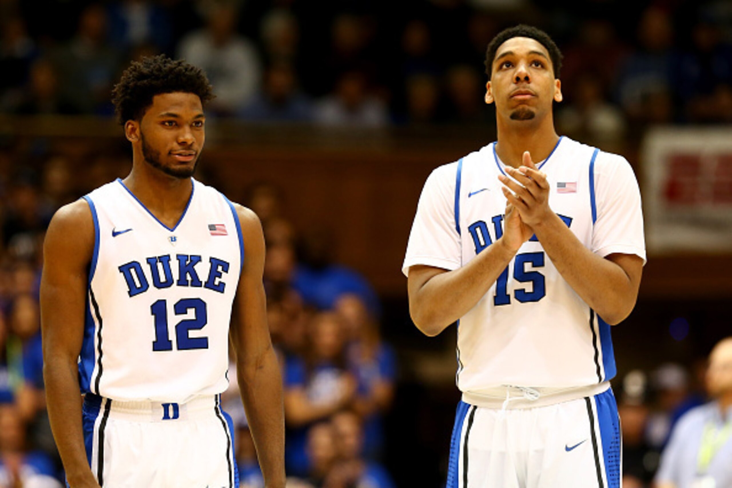 DURHAM, NC - JANUARY 19:  Teammates Justise Winslow #12 and Jahlil Okafor #15 of the Duke Blue Devils before their game against the Pittsburgh Panthers at Cameron Indoor Stadium on January 19, 2015 in Durham, North Carolina.  (Photo by Streeter Lecka/Gett