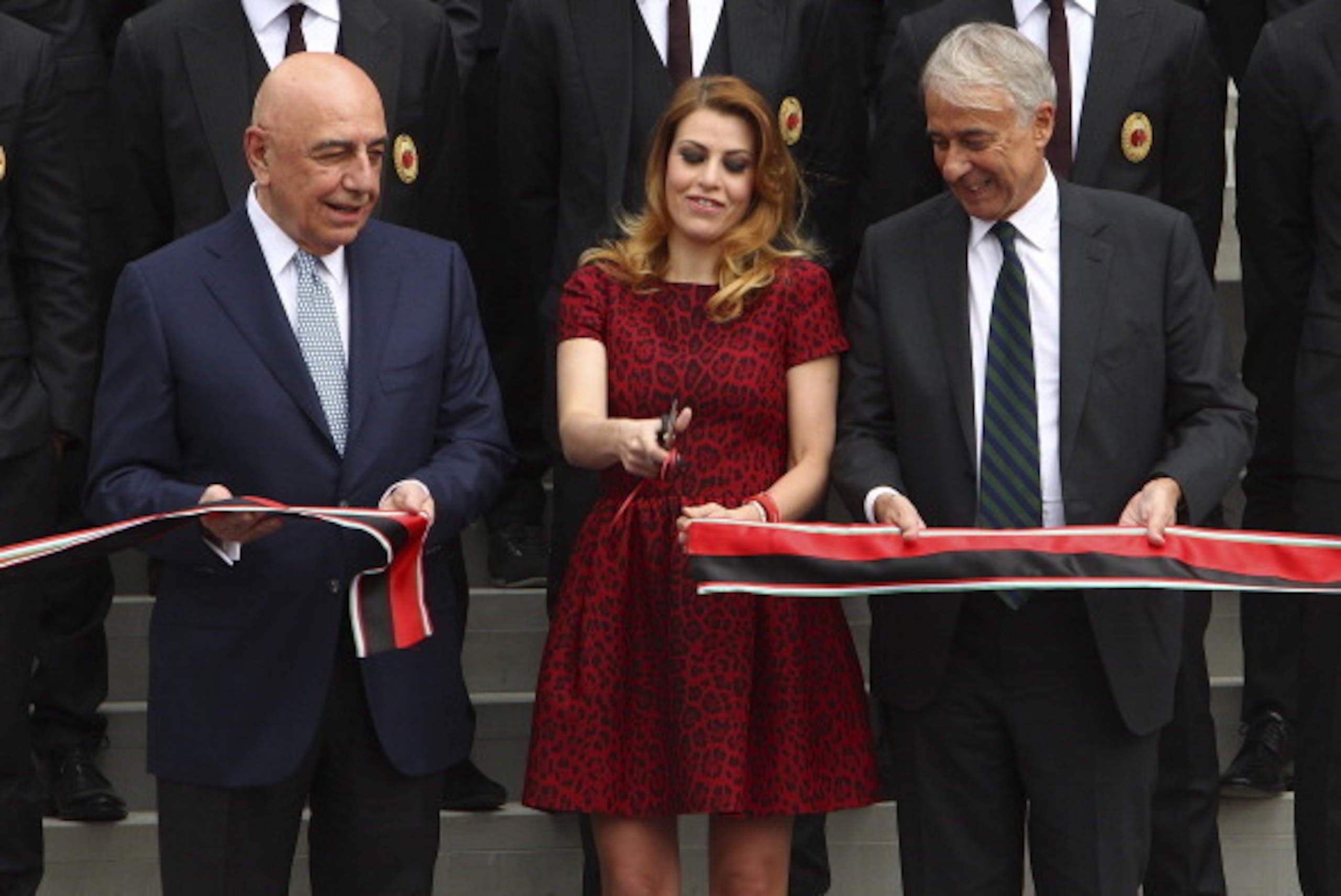 MILAN, ITALY - MAY 19:  (L-R) General Manager of AC Milan Adriano Galliani, General Manager of AC Milan Barbara Berlusconi and Mayor of Milan Giuliano Pisapia attend the ribbon cutting during the inauguration of AC Milan's new purpose-built headquarters, 