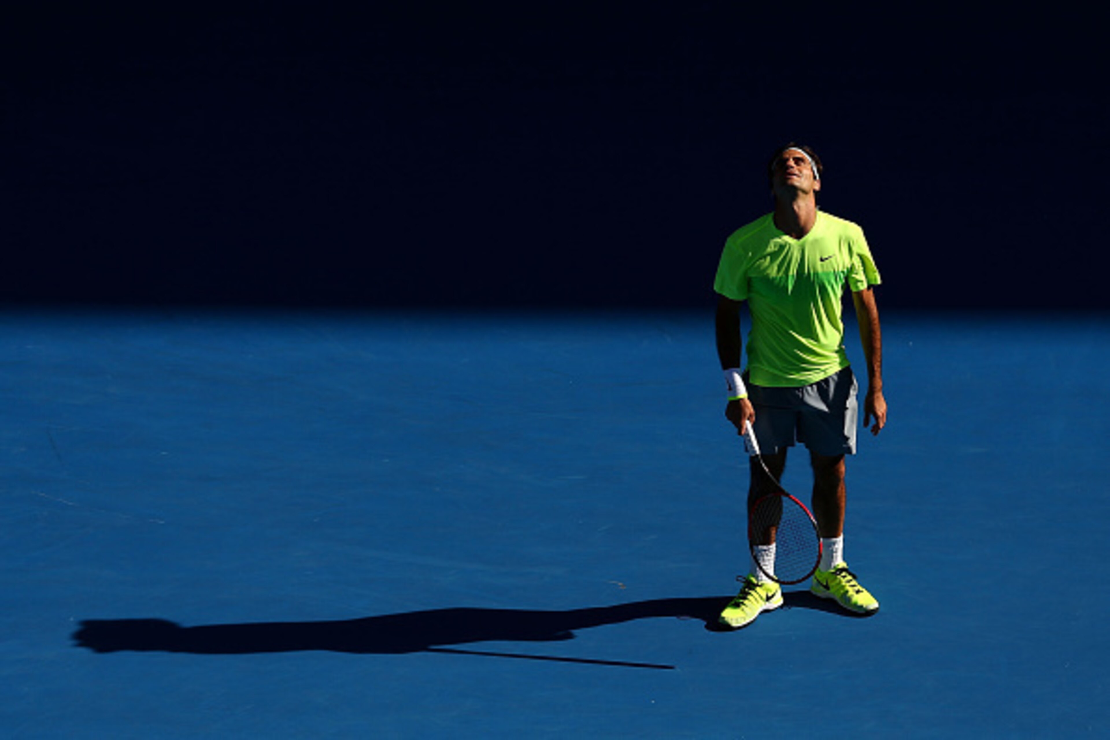 MELBOURNE, AUSTRALIA - JANUARY 23:  Roger Federer of Switzerland reacts in his third round match against Andreas Seppi of Italy during day five of the 2015 Australian Open at Melbourne Park on January 23, 2015 in Melbourne, Australia.  (Photo by Cameron S