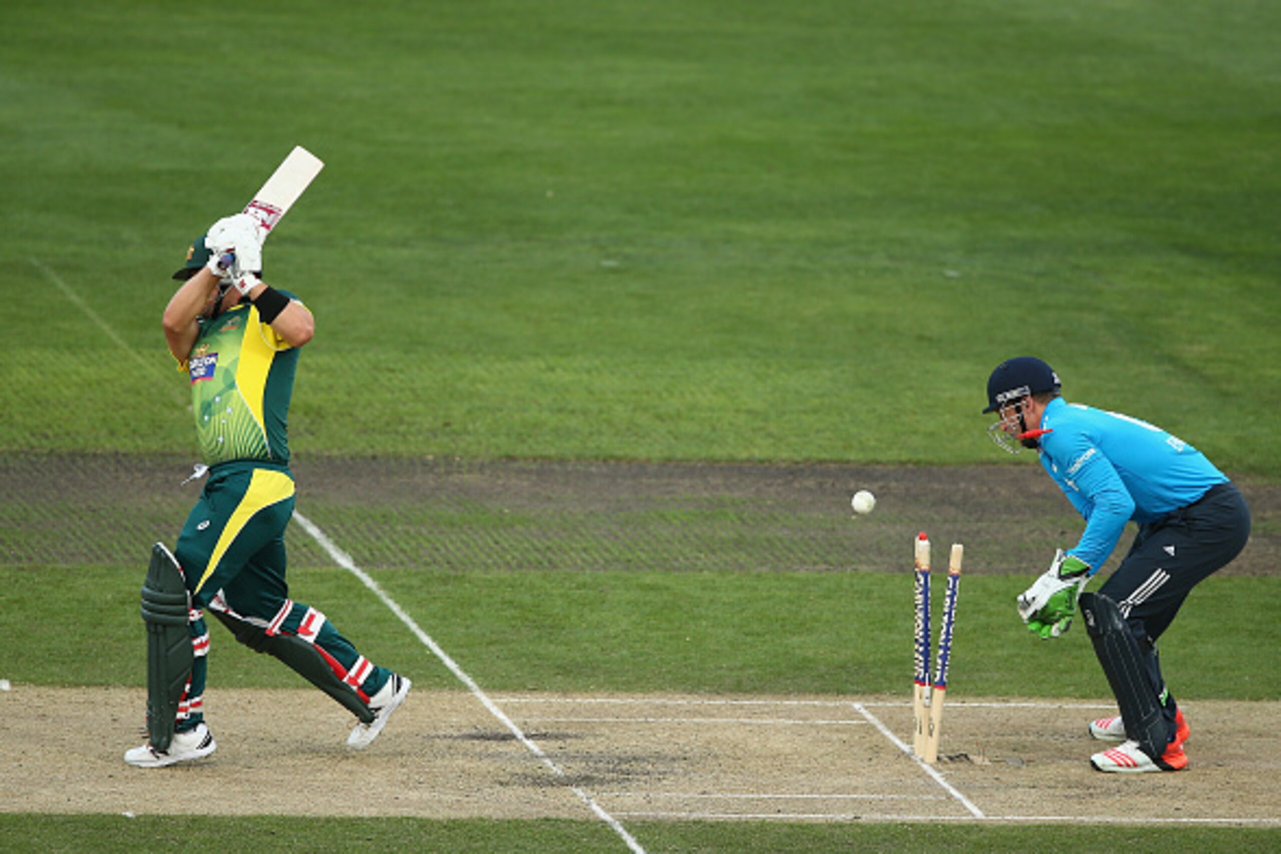 HOBART, AUSTRALIA - JANUARY 23: Aaron Finch of Australia is bowled by Moeen Ali of England during the One Day International Tri Series match between Australia and England at Blundstone Arena on January 23, 2015 in Hobart, Australia.  (Photo by Robert Cian