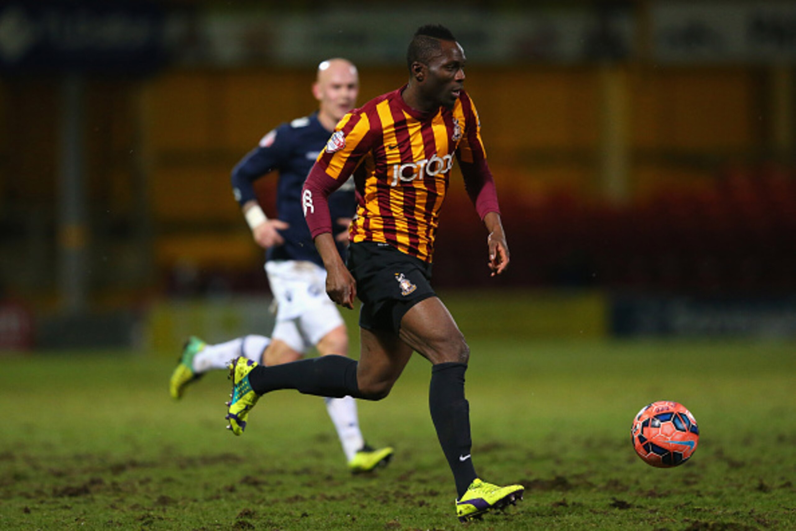 BRADFORD, ENGLAND - JANUARY 14:  Francois Zoko of Bradford City during the FA Cup Third Round Replay match between Bradford City and Millwall at Coral Windows Stadium, Valley Parade on January 14, 2015 in Bradford, England.  (Photo by Alex Livesey/Getty I