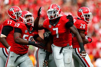 ATHENS, GA - SEPTEMBER 27:  Lorenzo Carter #7 of the Georgia Bulldogs reacts after a defensive stop against the Tennessee Volunteers at Sanford Stadium on September 27, 2014 in Athens, Georgia.  (Photo by Kevin C. Cox/Getty Images)